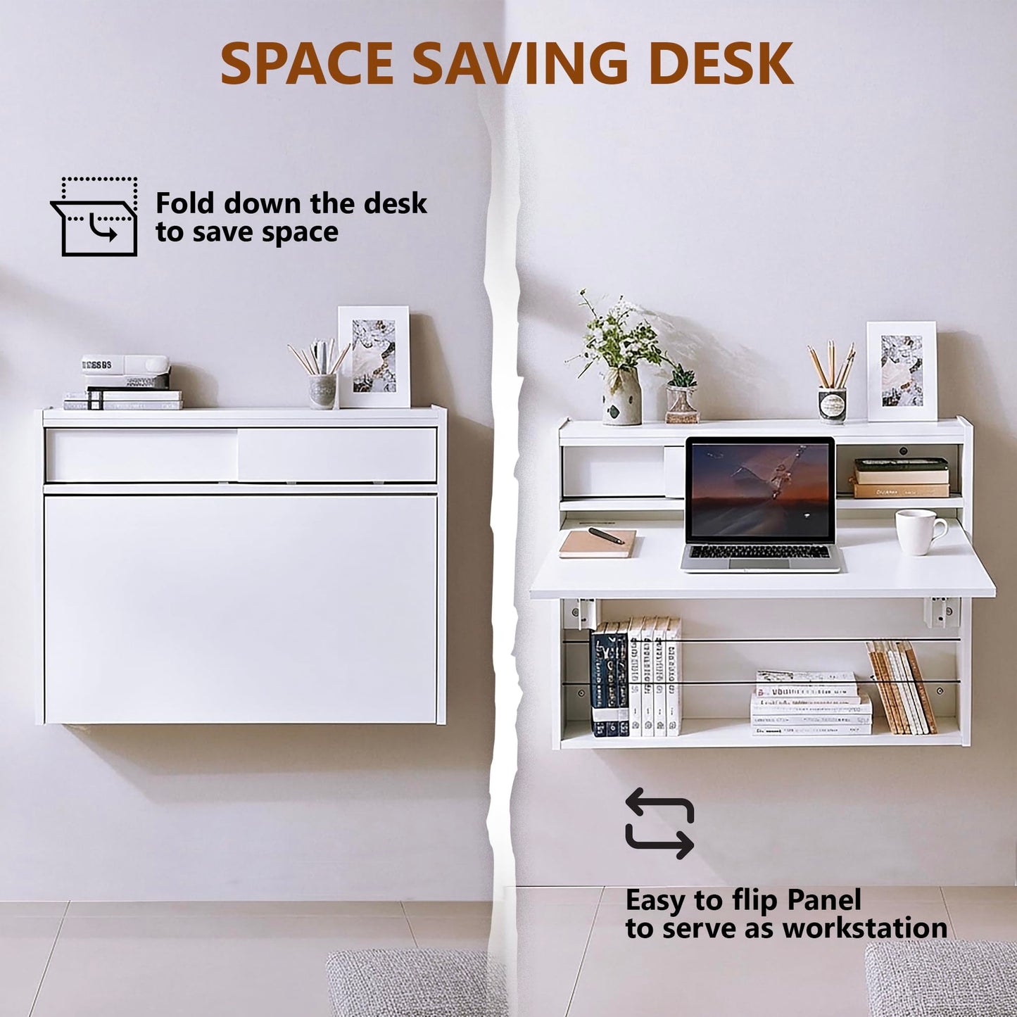 GOOTRY Wall Mounted Desk 31 inches, Folding Table with Shelves, Space Saving Computer Table, Floating Table for Wall, Multi-Purpose Folding Desk Perfect for Workstations, Dining, or Laundry Area.