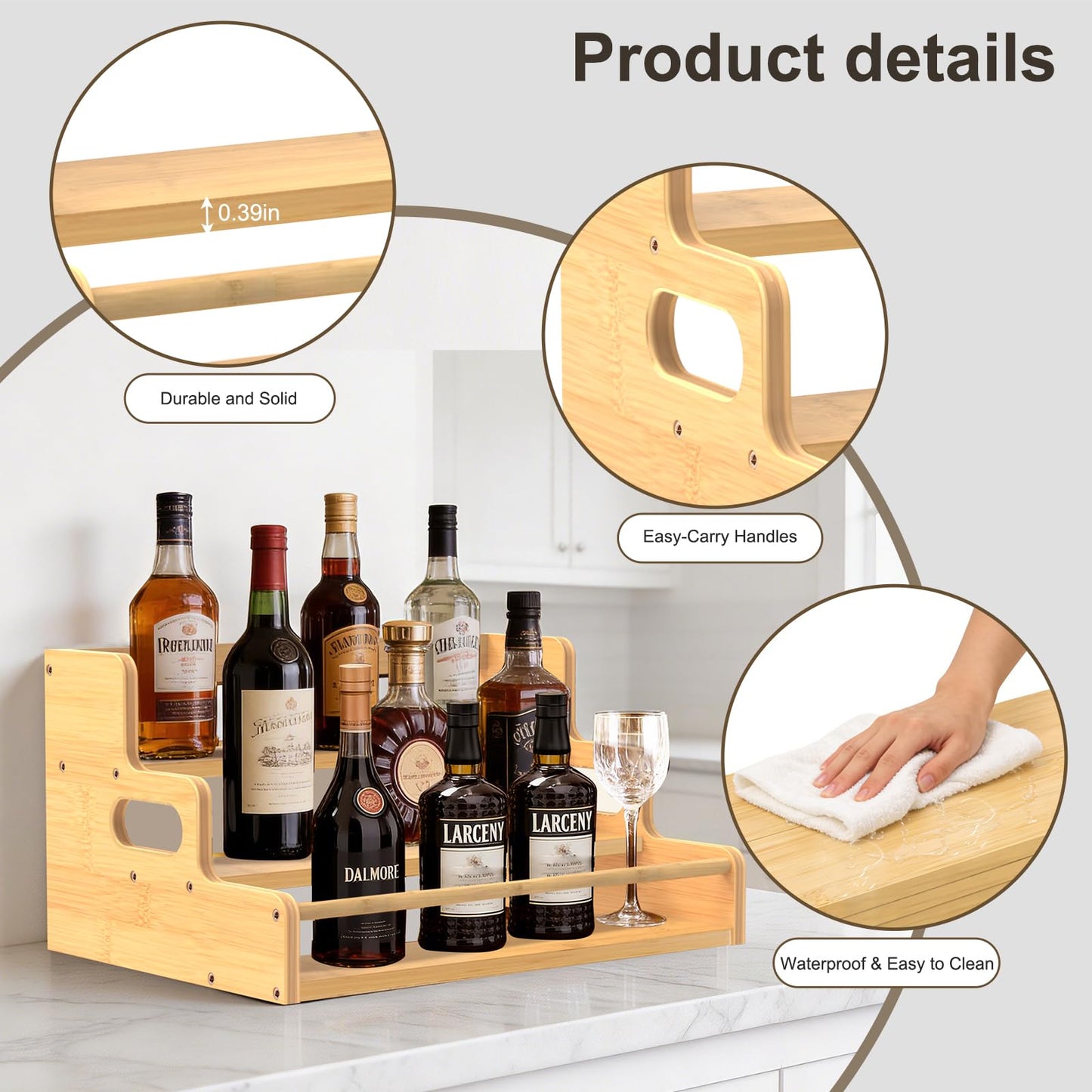 Aiowhy Bamboo Liquor Bottle Display Shelf, 3 Step Countertop Wine Rack, Bar Bottle Stand with Handles & Guardrail, Retro Mini Display Rack for Syrup, Wine, Dressing, Home Kitchen Cafe, Natural