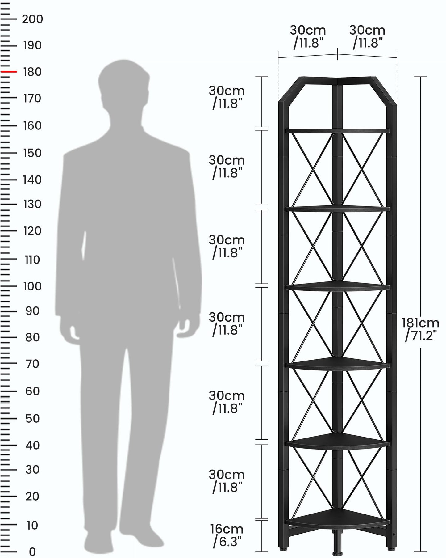 CHOEZON 6-Tier Corner Shelf, Industrial Corner Bookshelf, 71.2" Display Storage Stand, Plant Stand Display Shelf, Tall Bookcase for Bedroom, Living Room, Home Office, Black TCJ11BB