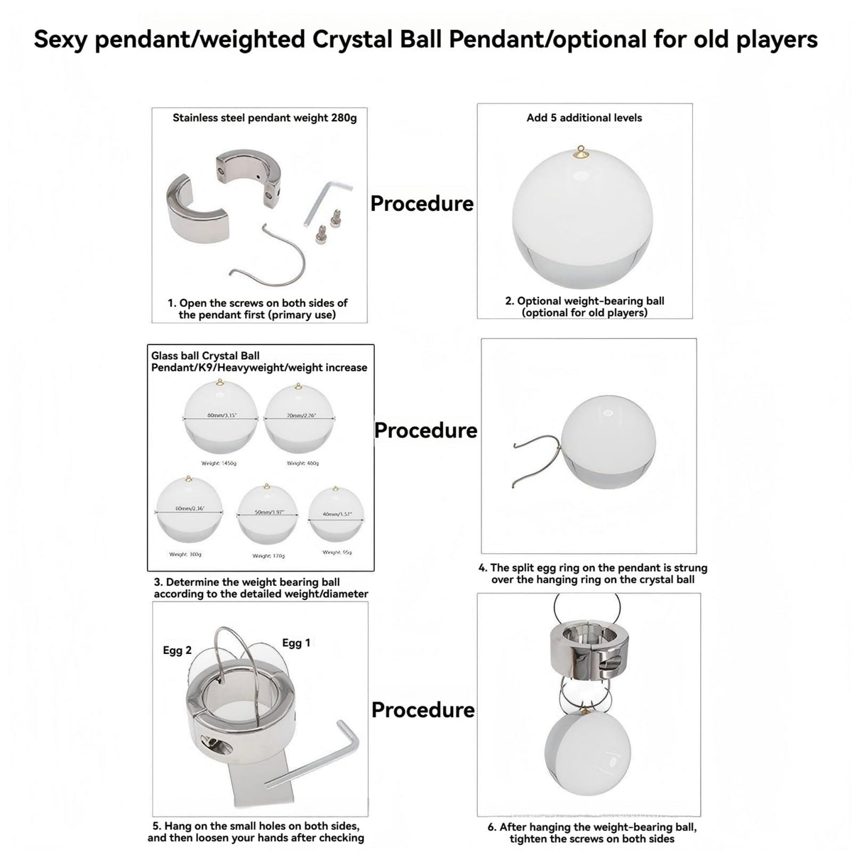 Stainless Steel Pendant Hanging Crystal Ball, Men's Stretching Exercise Rings (USF69) (Pendant)
