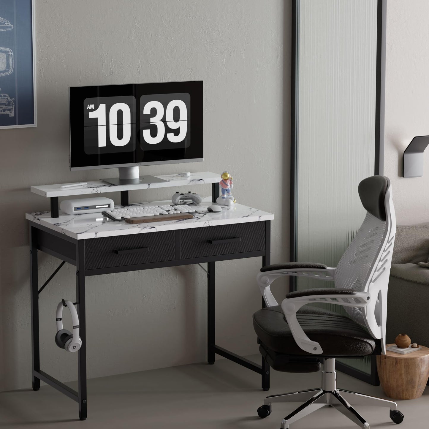 Pamray 32 Inch Small Computer Desk with Monitor Stand Home Office Desks with 2 Drawers for Bedroom Study Writing and Work Table for Small Spaces Marble