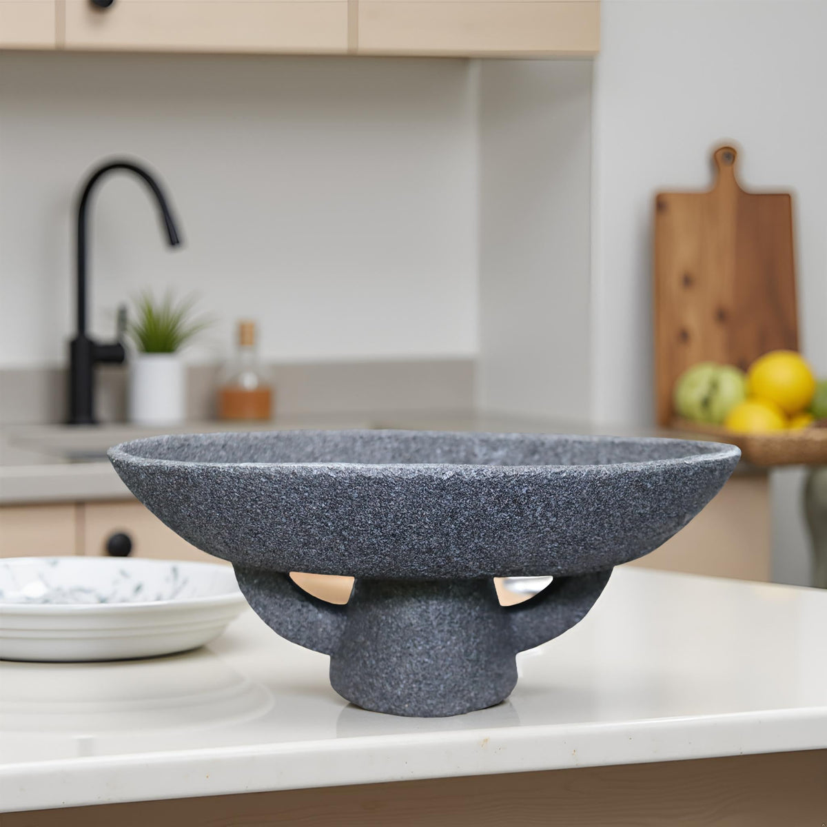 Boho Modern Decorative Bowl decor - Multi functional modern home Pedestal decoration bowl,Handicraft Bowls,Stylish Key Bowl for Entry Table,Fruit Bowls for Kitchen Counter,Artificial Stone Black