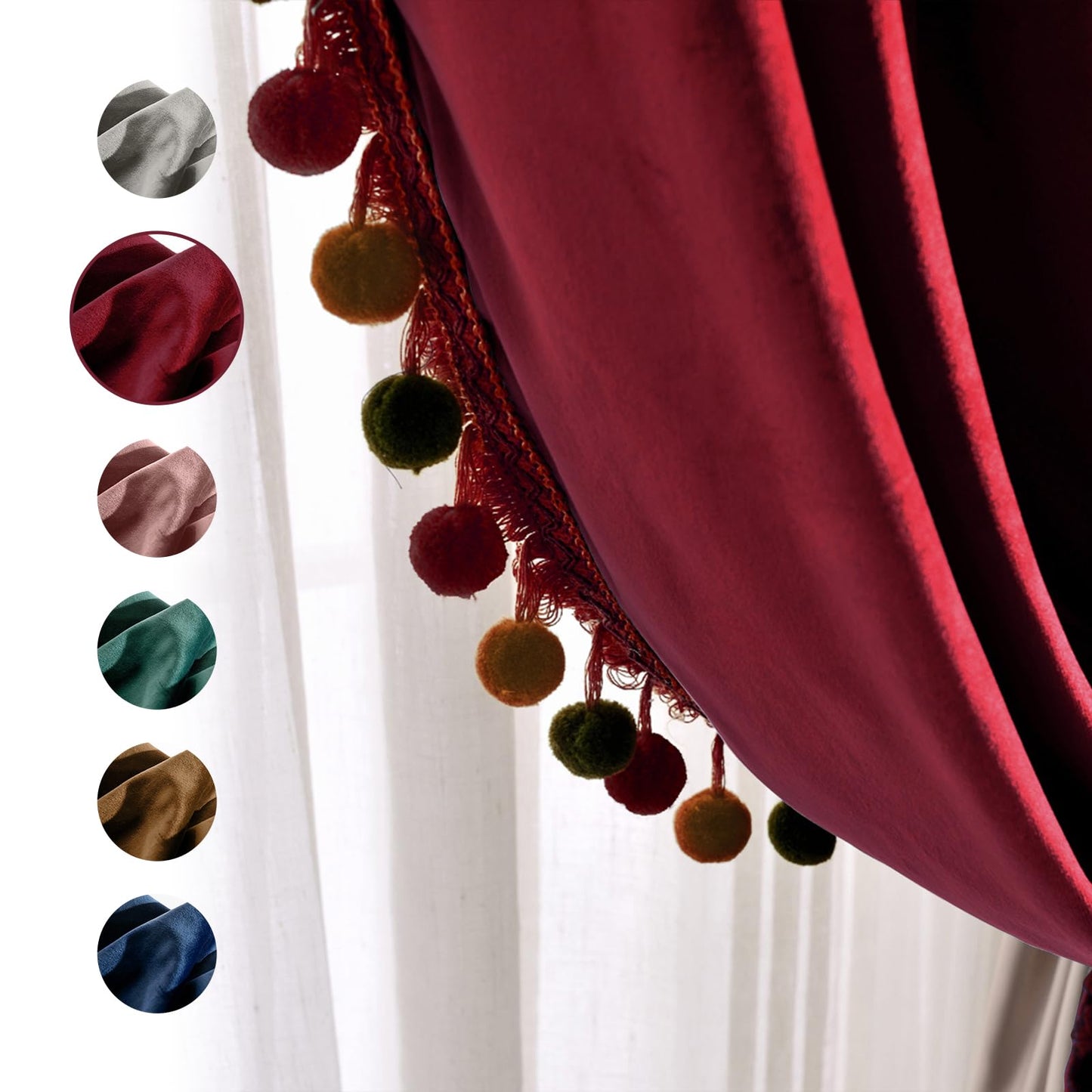 Melodieux Pom Poms Velvet Blackout Curtains for Bedroom Living Room, Vintage Luxury Thermal Insulated Rod Pocket Lined Drapes, 52" W x 84" L, Burgundy (2 Panels)