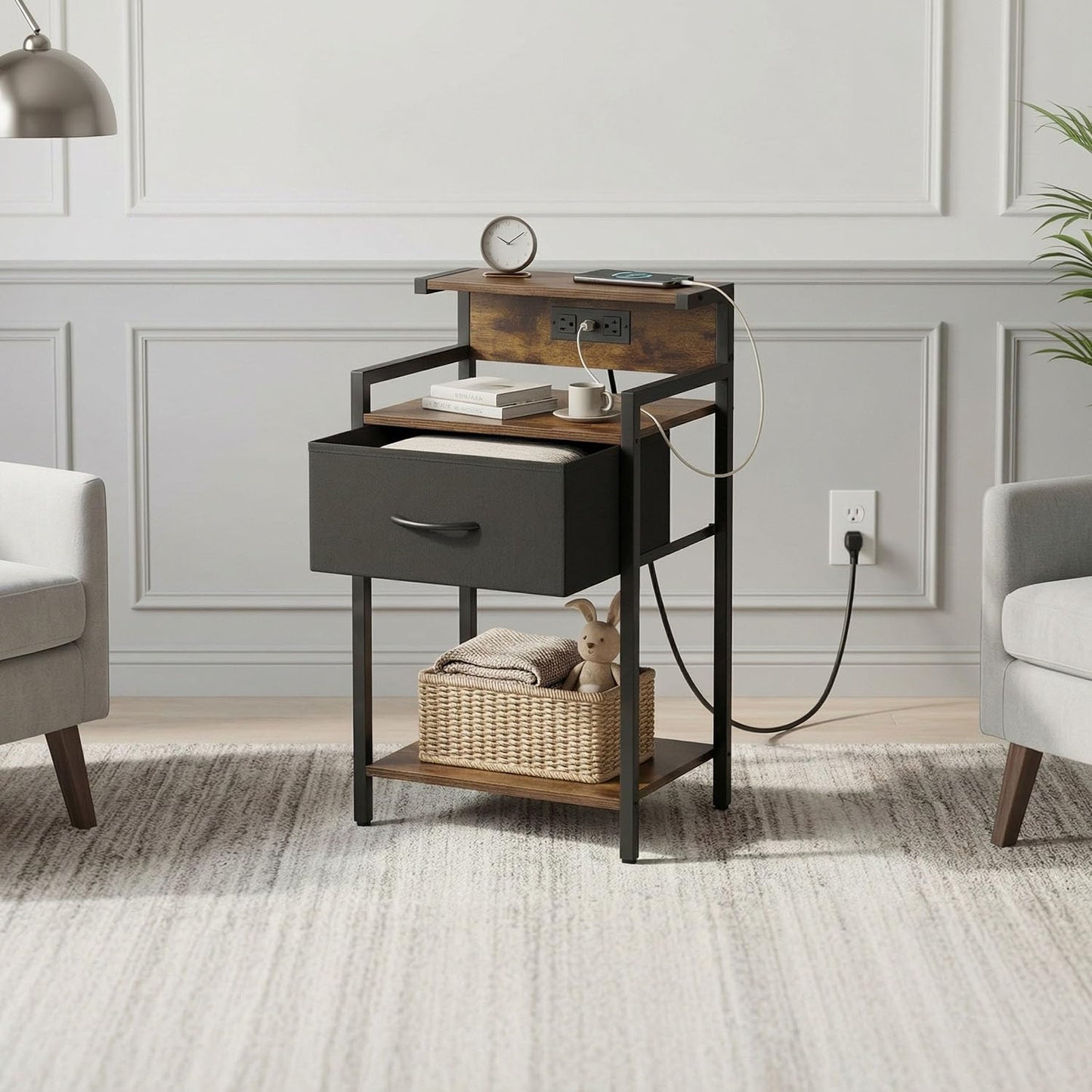 Homiekit Industrial Nightstand with USB Charging Port, Narrow End Side Table with Fabric Drawer & Storage Shelf for Bedroom Living Room