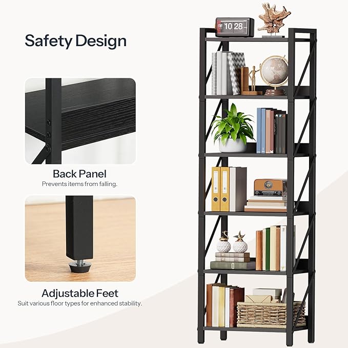 HOOBRO Bookshelf, 6-Tier Industrial Bookcase, Book Shelf Storage Organizer