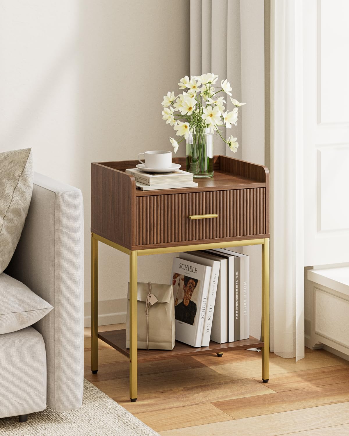 Apetaccat Nightstand, 3-Tier Bed Side Table, Small End Table, Night Stand with Open Shelf and Drawer, Bedside Table for Bedroom, Living Room, Walnut