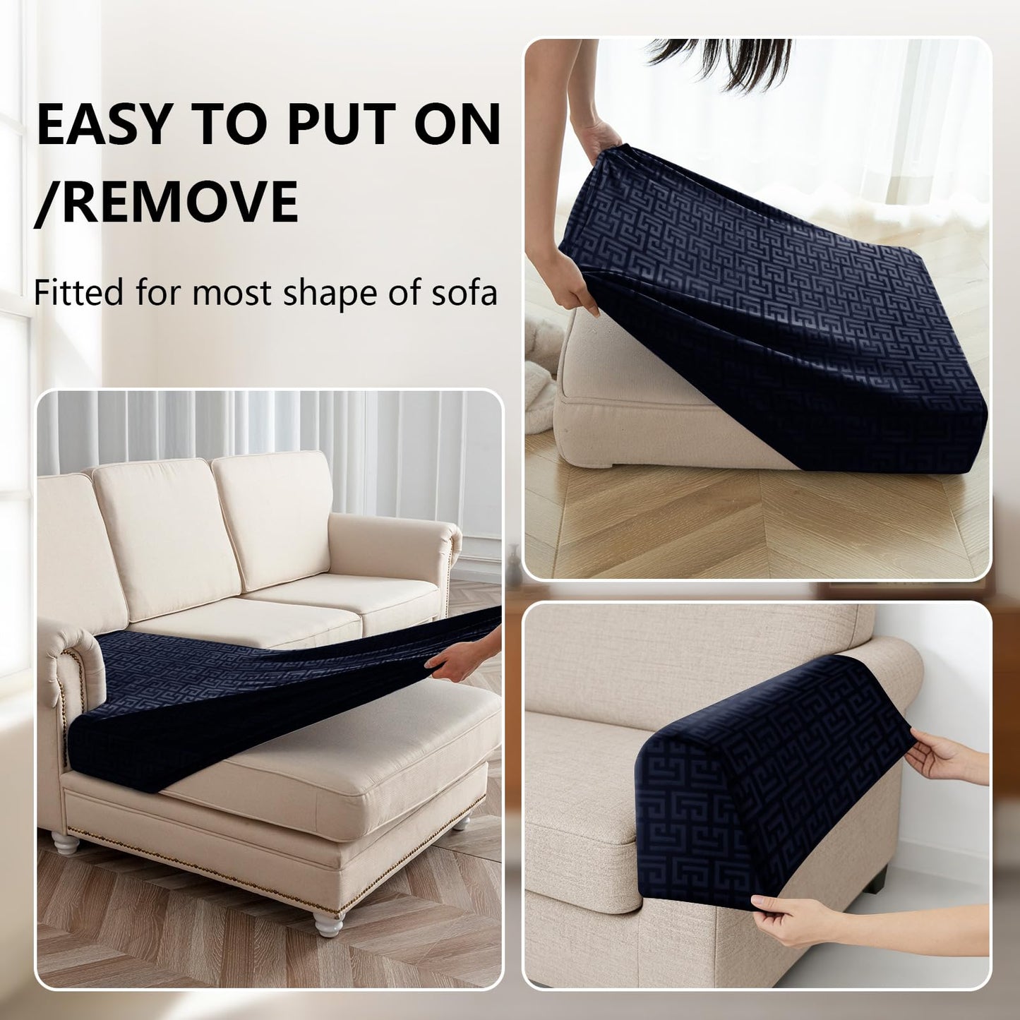 UNBBRRL 10 Pieces Stretch Sofa Cushion Covers for U-Shaped Modular Sectional Couch with 4 Seats+4 Backs+2 Arms, Upholstered Covers for Sofa Bed with Deep Double Chaise (Dark Blue,10 Pieces Set)