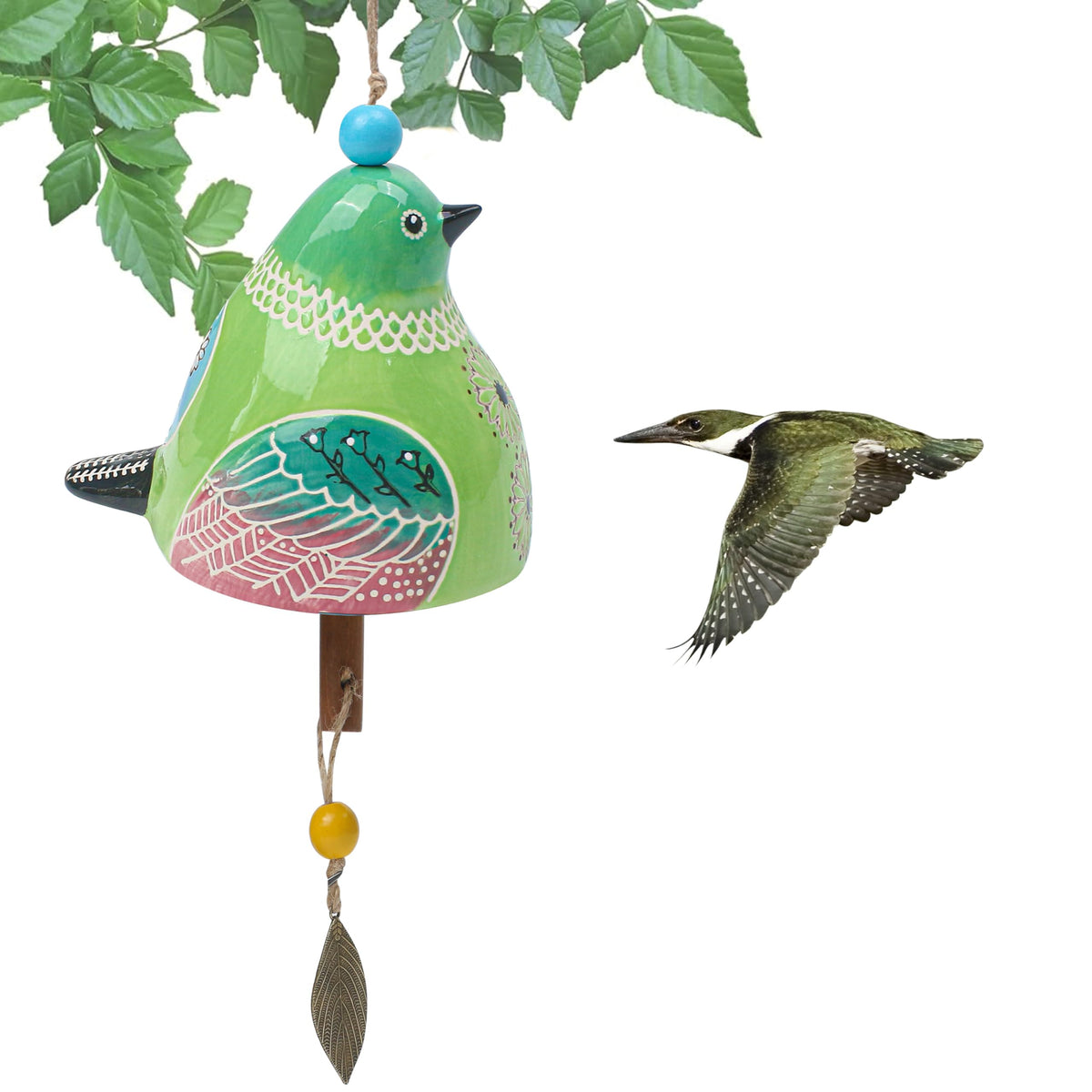Bird Song Bell Wind Chime, Ceramic Cardinal Fashion Hanging Windchimes for Rustic Music Garden Backyard Church Decoration Porch Outside Outdoor Festival Memorial Gift Witness Friendship (Green)