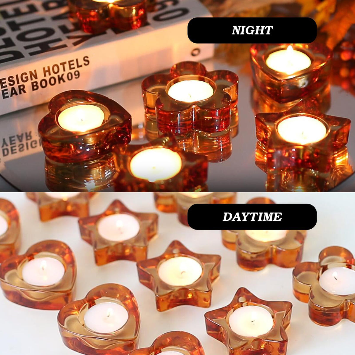 Votive Candle Holders Set of 12 for Table Centerpiece（3 Sizes,Heart/Flower/Star,Amber Glass Tea Light Candle Holders Bulk for Birthday Party,Wedding,Fall Home Decor, Festival Decorative(Amber)