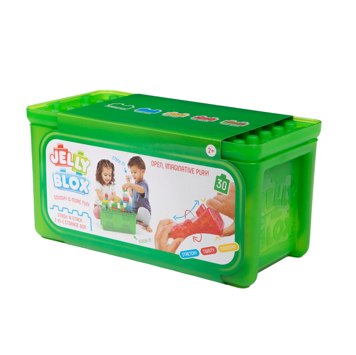 Jelly Blox Stash 'N Stack 2-in-1 Storage Case with 30 Blocks | Toddler & Preschool Building Blocks Kids Can Squeeze & Stretch | MESH ACCREDITED | Safety Tested & Ouch-Free | Sensory Play Toy Ages 2+