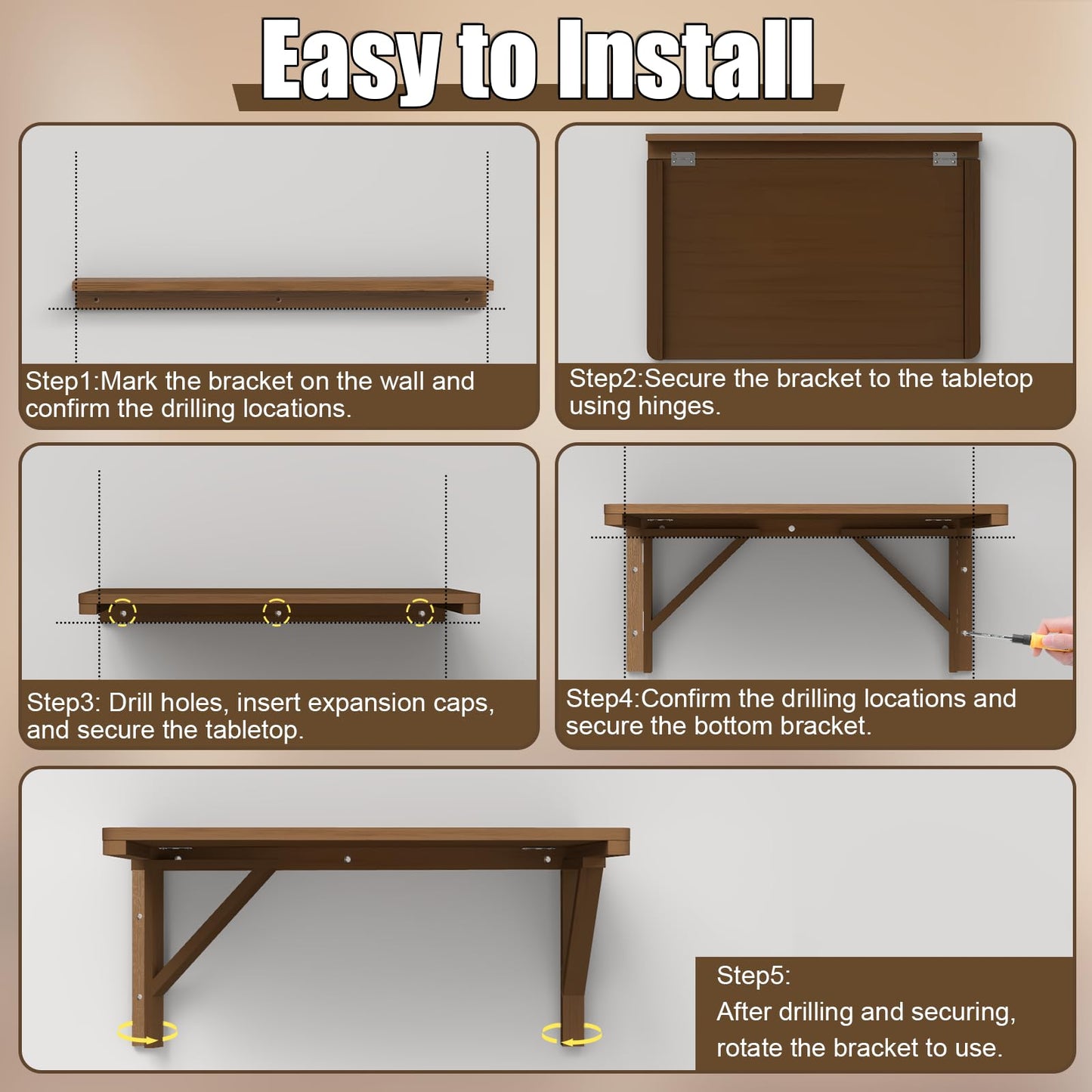 MM MELISEN Floating Desk - 30x20 Inch, Walnut Finish Wall-Mounted Desk for Home Office or Bedroom Work. Solid Wood Drop-Leaf Design. Folds up neatly for Small Space Living
