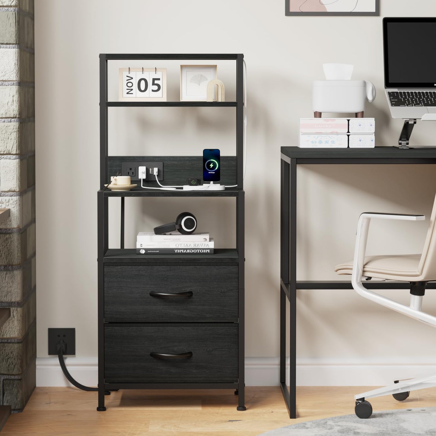 Furnulem Night Stand, Tall Nightstand with 4-Tier Shelves, 2 Fabric Drawers and Led Lights, Bed Side Tables with Charging Station, Bedside Table for Bedroom, Office, Black Oak