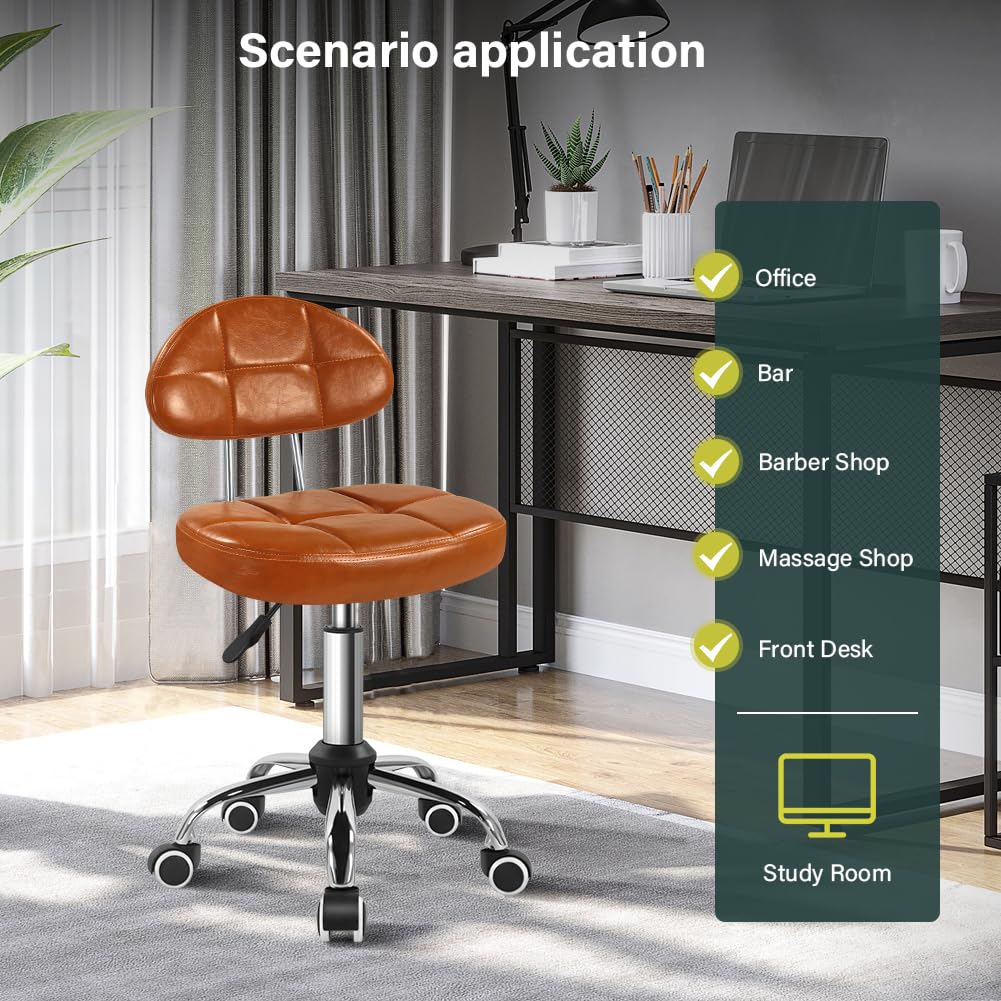 BFTOU Square Minimalist Swivel Stool with Wheel for Work SPA Shop Massage Height-Adjustable and Cost-Effective Rolling Stool Chair with Back (Orange-Brown)