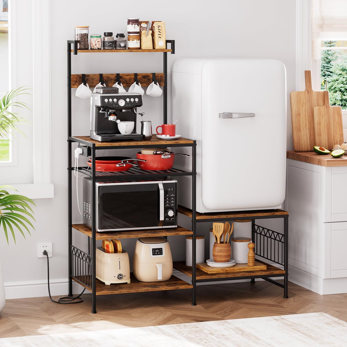 Portin Mini Fridge Stand Coffee Bar Cabinet with Power Outlet, Mini Fridge and Microwave Stand with S-Hooks, 7 Storage Shelf Rack for Dorm,Office - Kitchen Bakers Rack