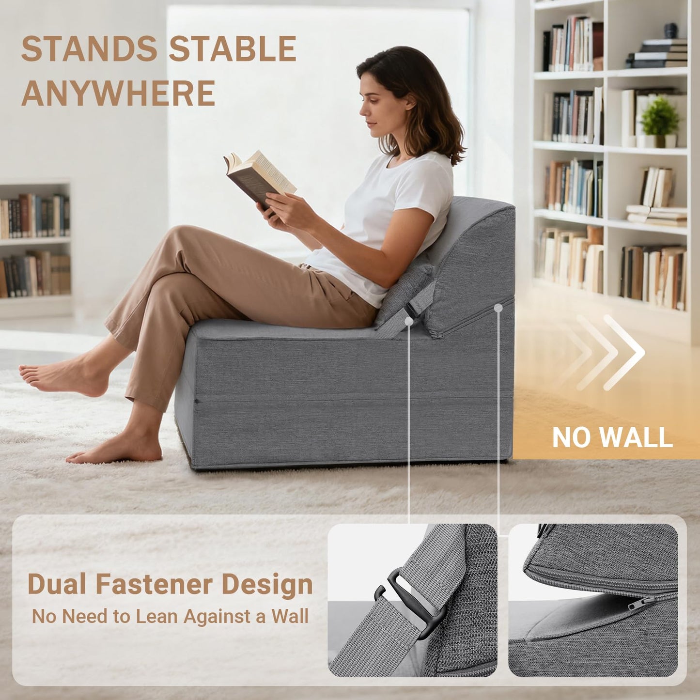 BeBen Folding Sofa Bed Chair, Convertible Sleeper Chair Futon Couch, Foldable Boneless Floor Lounge Sofa, Single Foam Chair Bed for Small Spaces, Dorm, Guest Room, Living Room, Apartment, Dark Grey