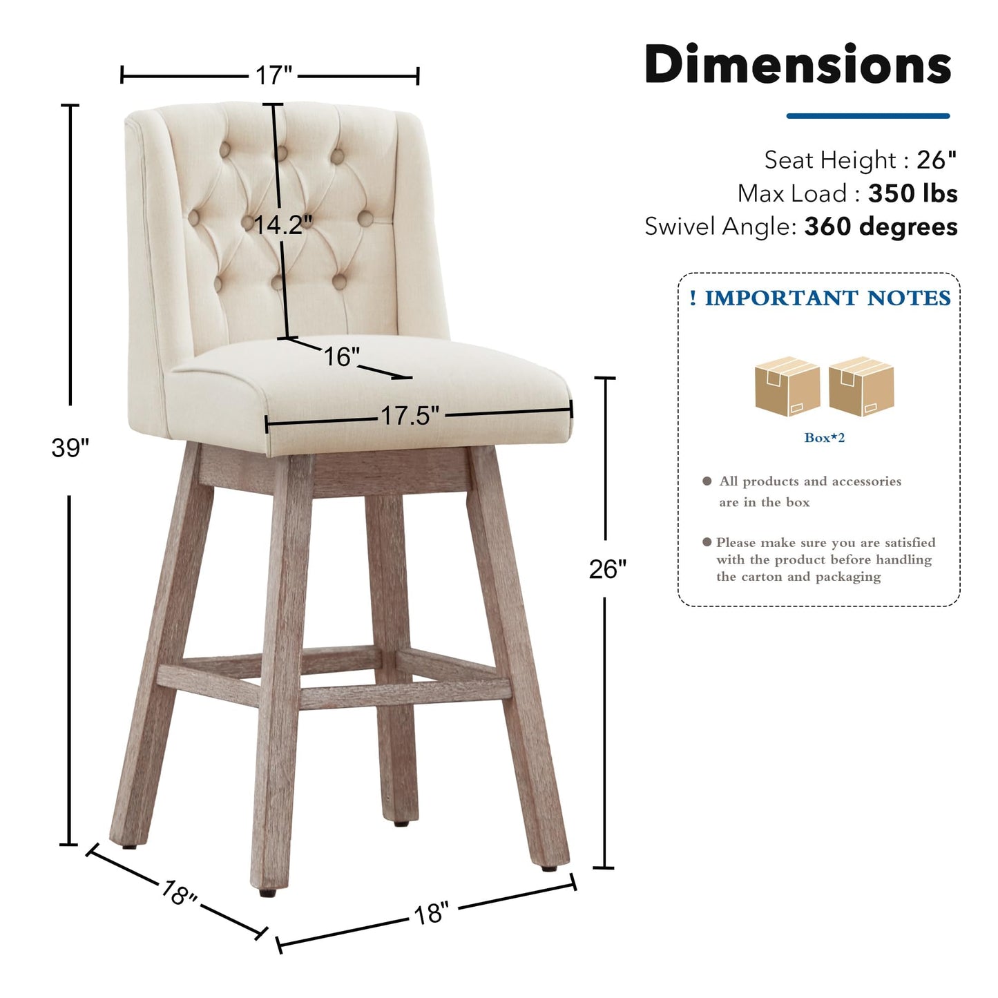 UDAX 26" Swivel Bar Stools Set of 4, Counter Height Barstools with Back, Linen Fabric Upholstered Bar Stools, Modern Barstools Wood Legs for Kitchen Island Dining Room Bar