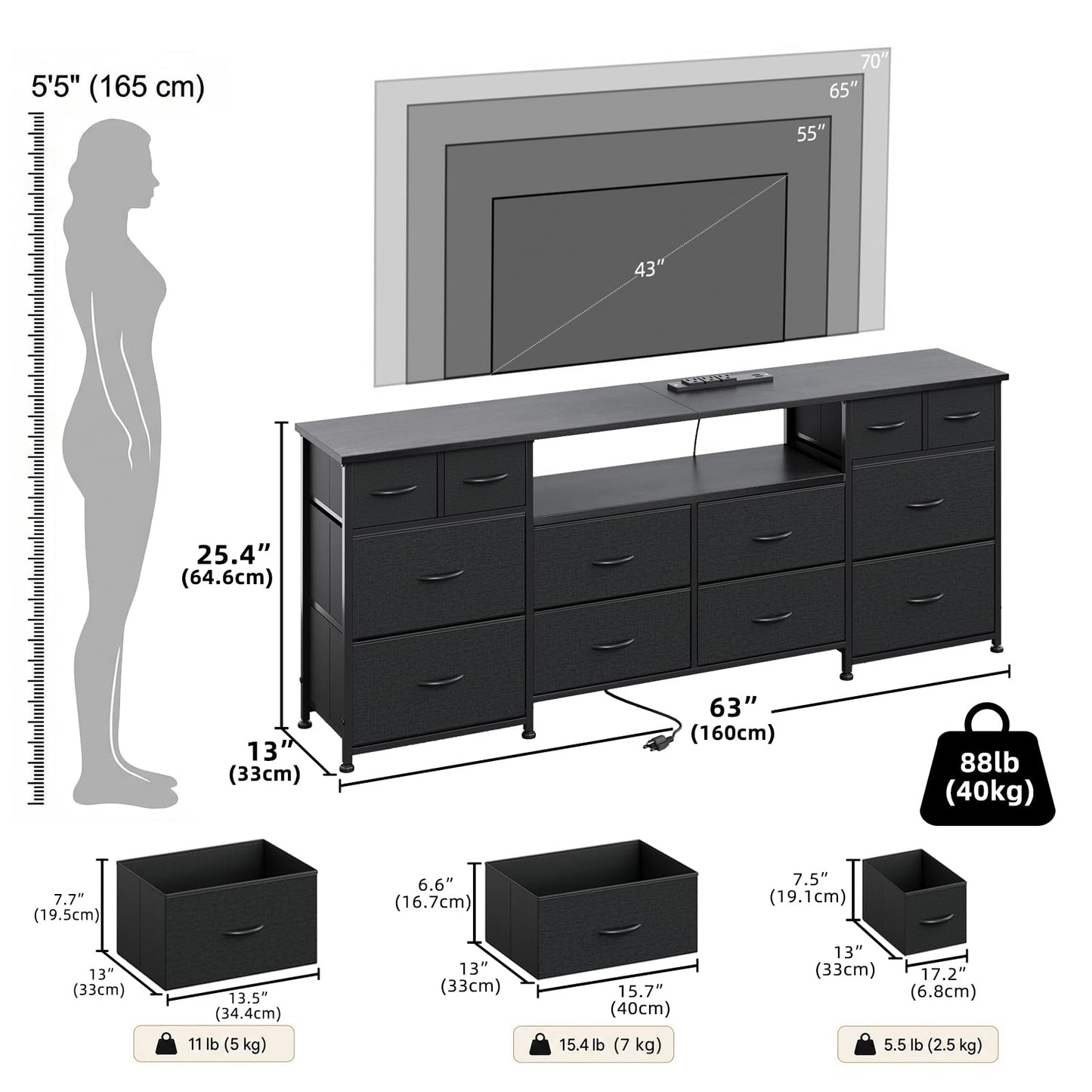 VERMESS TV Stand for 65, 70 Inch TV, Entertainment Center with LED Lights & Charging Station, Dresser with 12 Fabric Drawers and Storage Shelves, TV Media Console Table for Living Room, Hallway, Black
