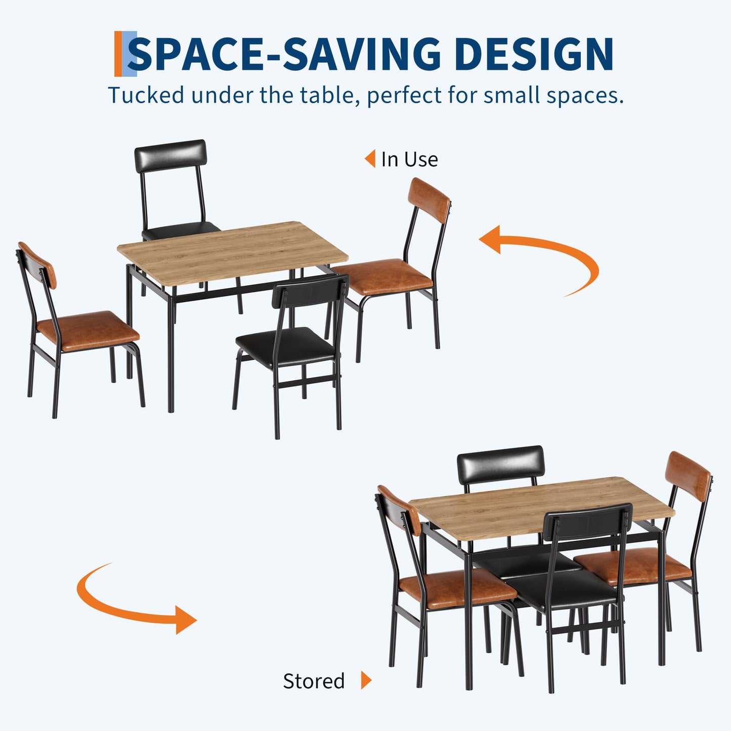 Garvee Dining Table Set for 4, 5 Piece Wooden Dining Table and Chairs, 4 PU Upholstered Chair, Modern Metal Frame Dinette Set for Dining Room, Home Dinner, Party, Apartment, Brown + Black