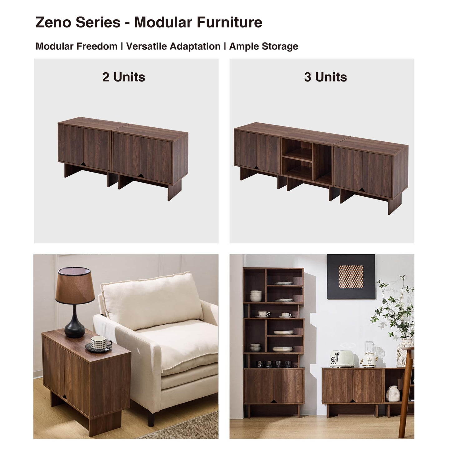 Lab Cosi Modular Buffet Cabinet with Storage, Sideboard Credenza with Adjustable Shelves, Modern Sideboard Buffet Cabinet with 2 Boards for Living Room, Kitchen, Dining Room Entryway, Bedroom, Walnut