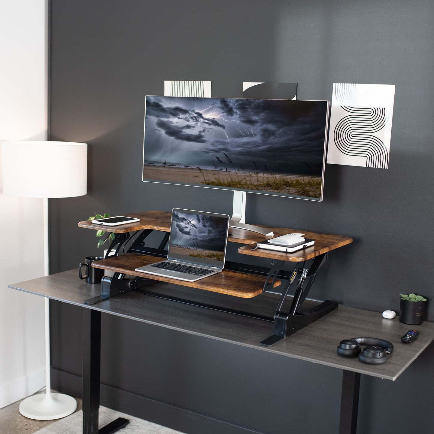 VIVO 42 inch Height Adjustable Stand Up Desk Converter, V Series, Quick Sit to Stand Tabletop Dual Monitor Riser Workstation, Rustic Vintage Brown Top, Black Frame, DESK-V000VLN