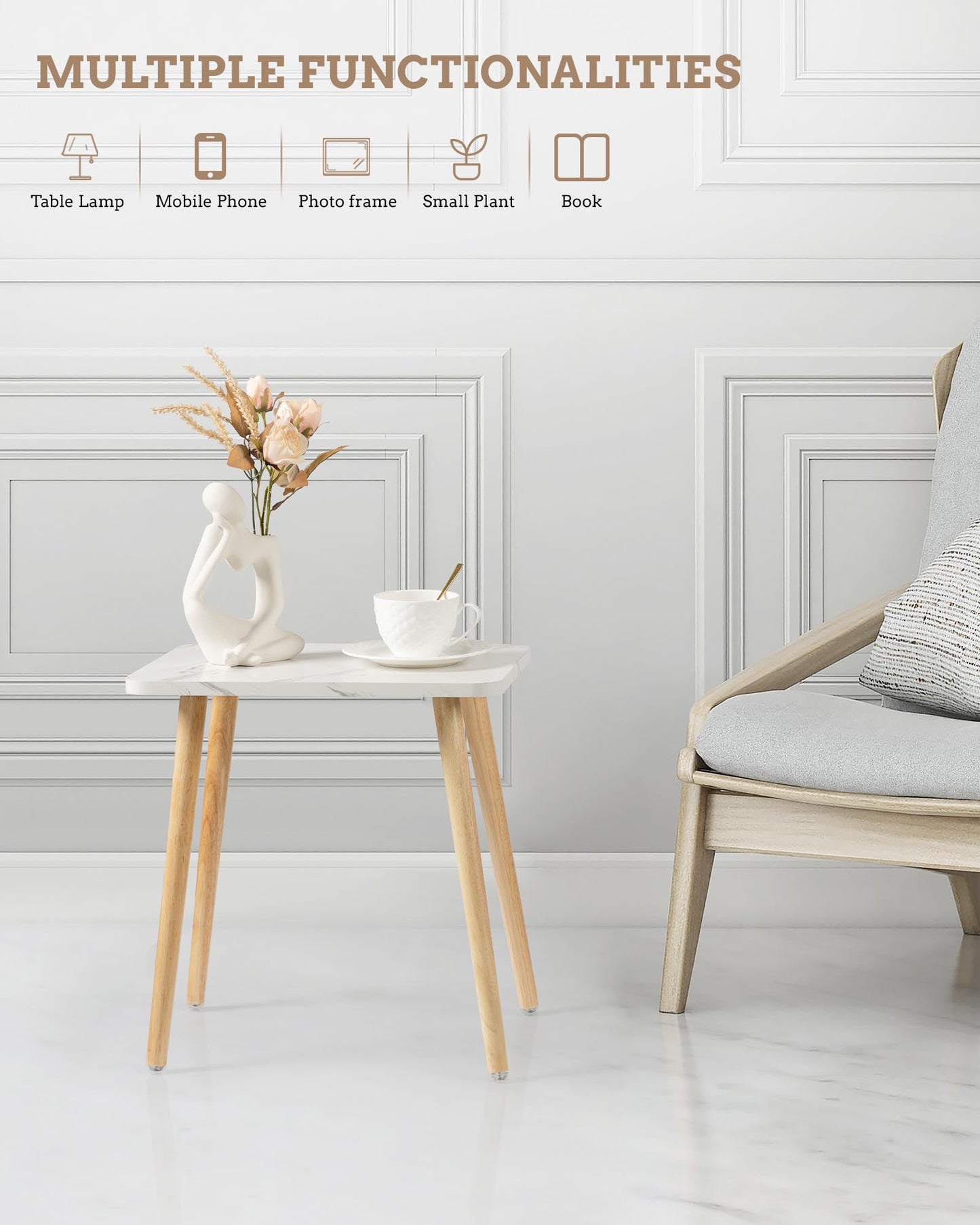 FORAOFUR Small Side Table, Set of 2 Modern Mini Coffee Table with Natural Wood Legs, Quick Assembly End Furniture for Bedroom Living Sofa, Minimalist Design for Nursery and Compact Homes, Marble