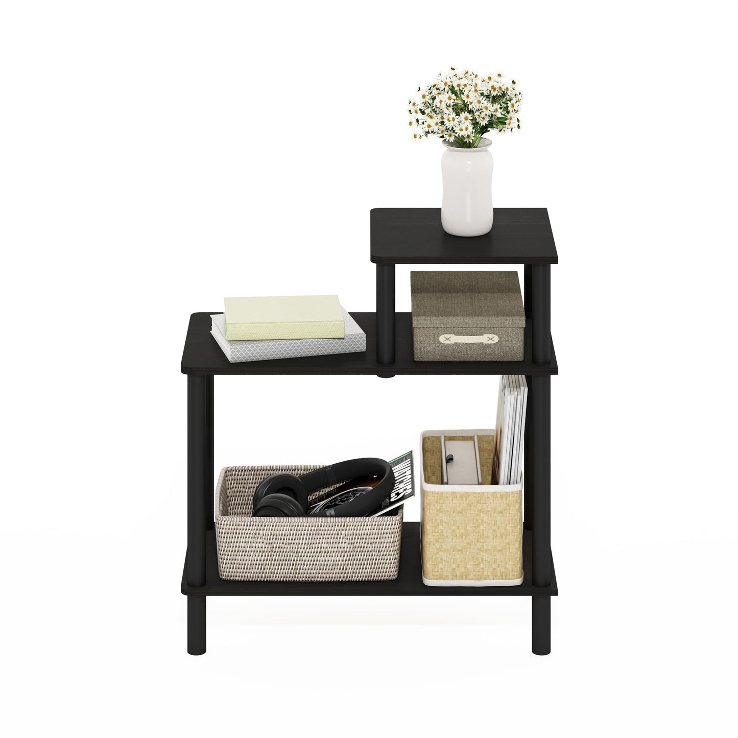 Furinno Turn-N-Tube Side Table, 3-Tier Rectangle Sofa End Table with Open Shelf, Toolless Assembly Night Stand, Bedside Table, for Living Room, Bedroom, Black Espresso