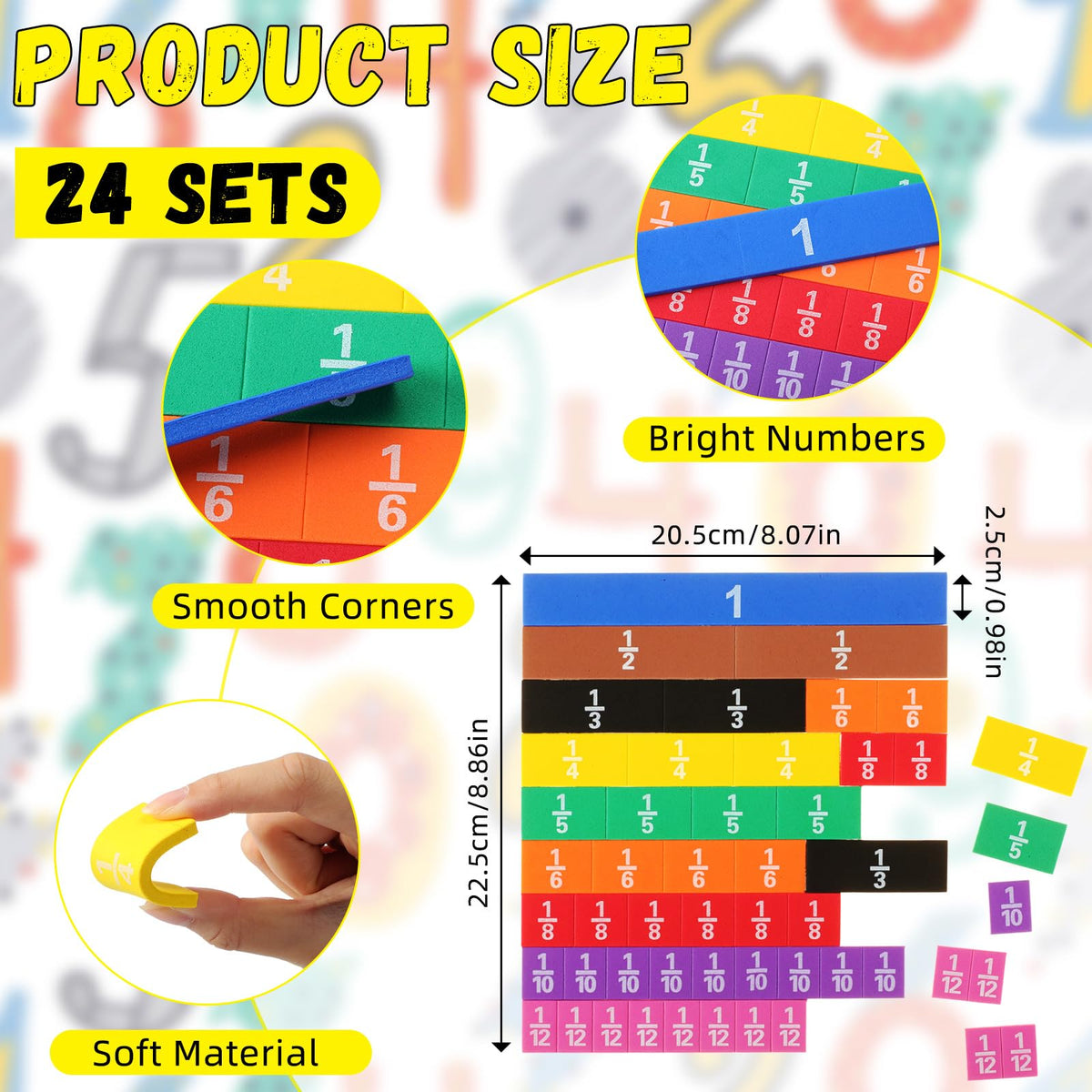 Sayglossy 24 Sets Fraction Tiles Set for Math Classroom Fractions Manipulatives Math Learning Manipulatives for Home School Supplies
