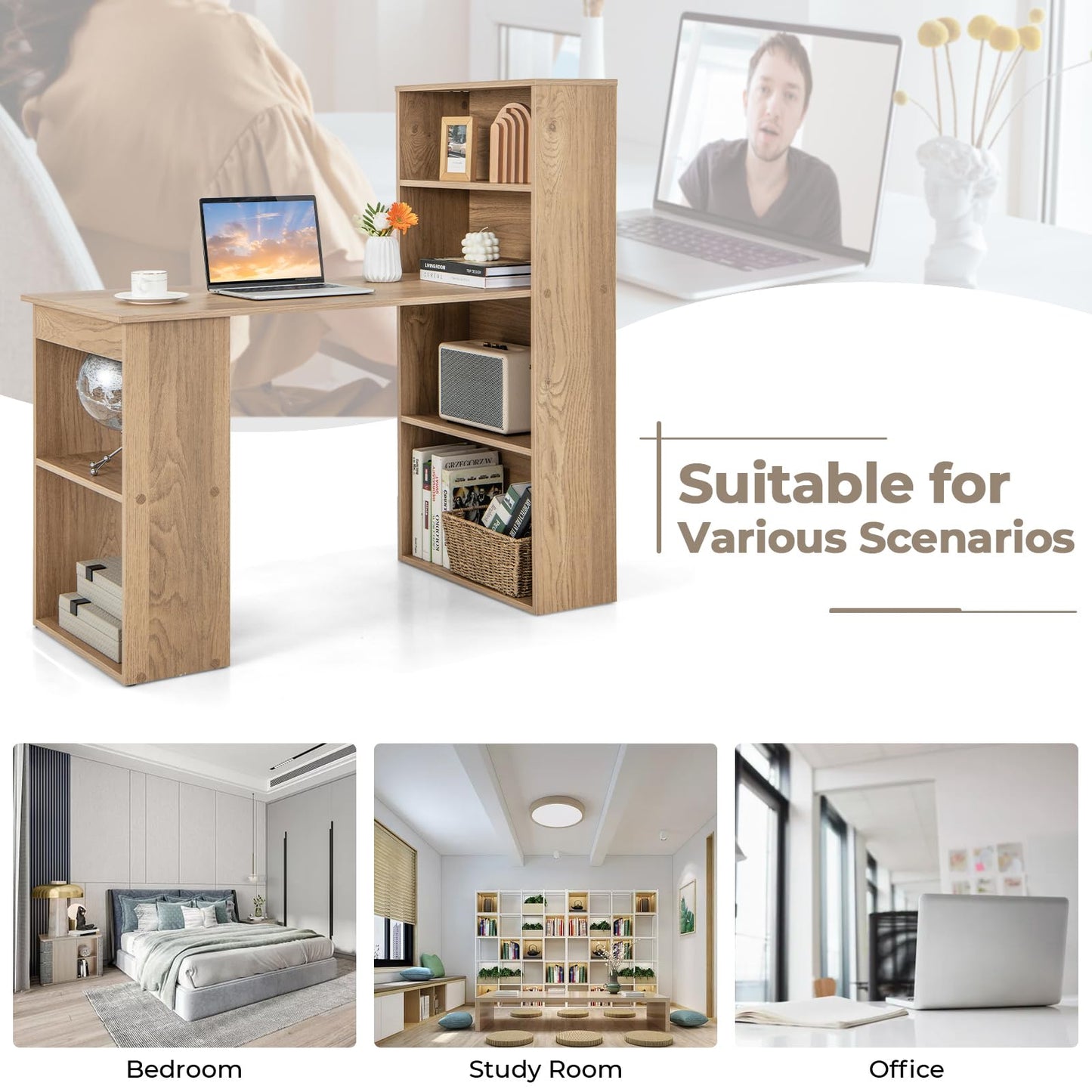 GRAFFY Computer Desk with 6 Storage Shelves - 48" Reversible Writing Desk Workstation with Bookshelf and CPU Stand, Modern Compact Office Desk for Bedroom, Study, Home, Office (Natural)
