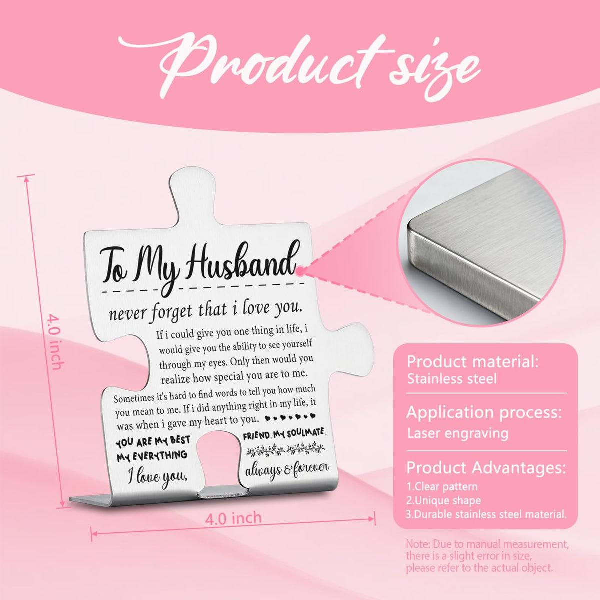 To My Husband Puzzle Plaque from Wife, Husband Christmas Wedding Anniversary Valentine’s Day Birthday Gifts from Wife Ornament Decor Stainless Steel Puzzle Piece Decorative Signs Plaques YPP1