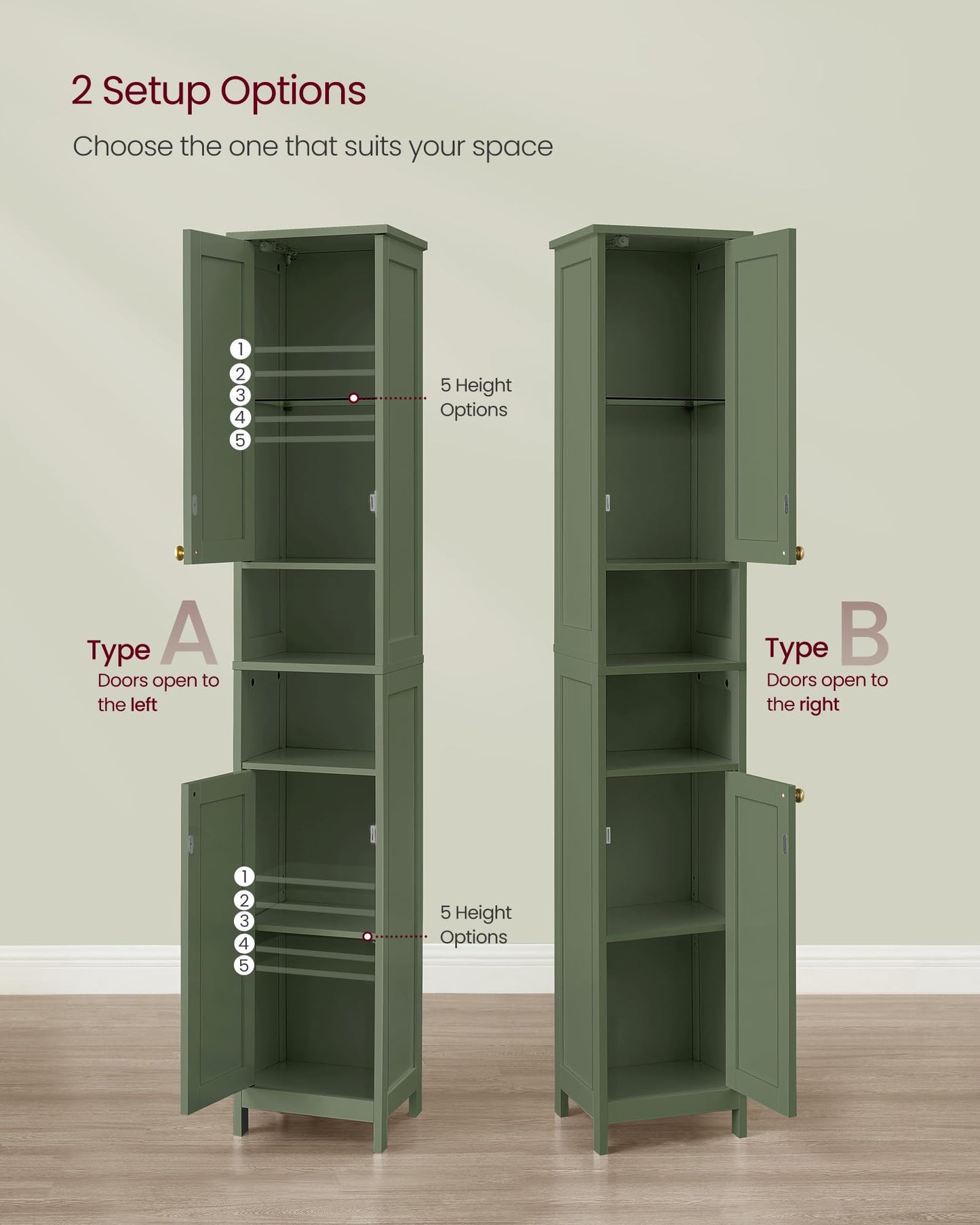 VASAGLE Tall Storage Cabinet with Lights, Slim Freestanding Cabinet with Adjustable Shelves, for Small Spaces, Bathroom, Living Room, Modern, 11.8 Inches Wide, Forest Green UBBC566C01