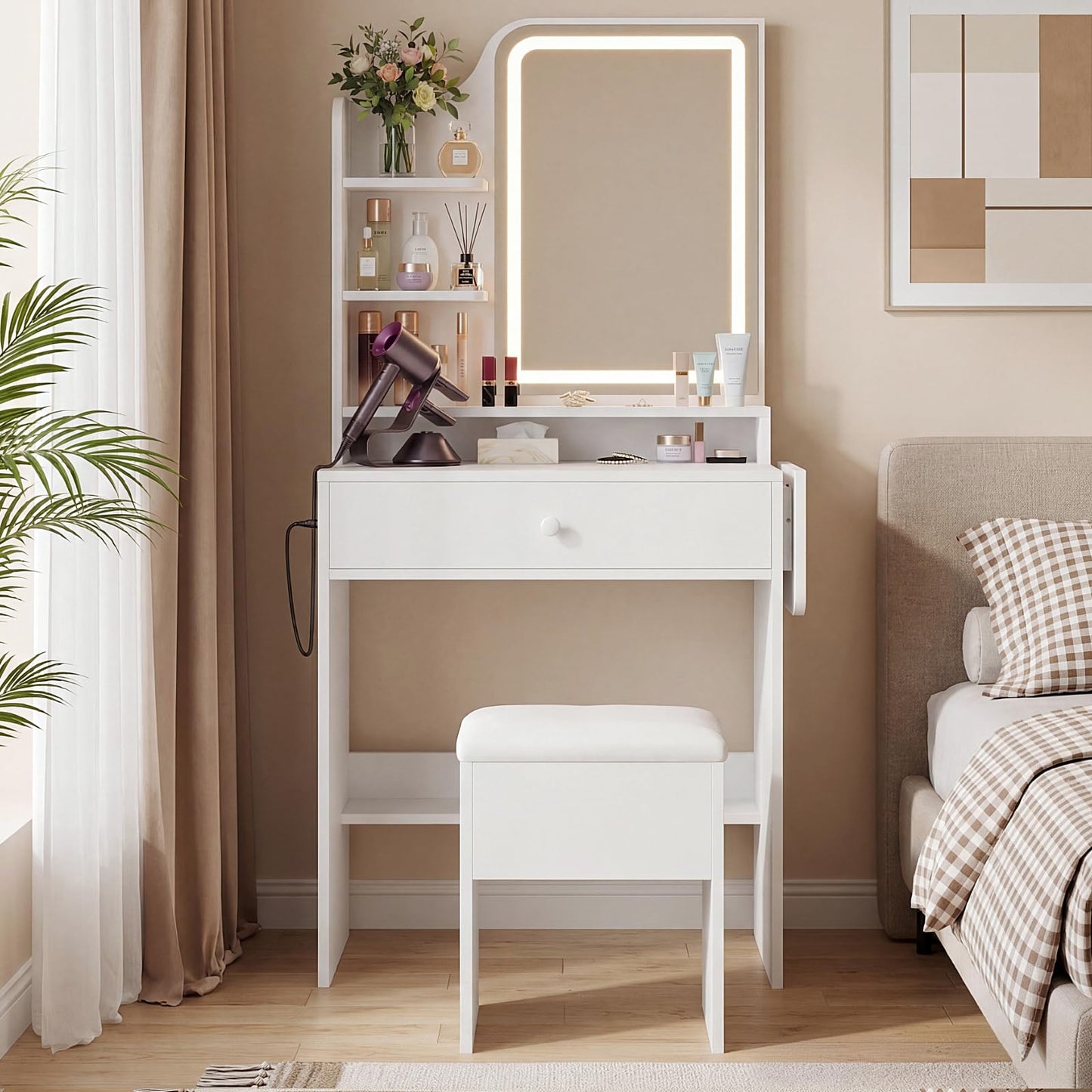 Haewon Small Vanity Desk with Lighted Mirror and Charging Station, Compact Makeup Vanity Set with 3 Lighting Modes, White Dressing Table with Storage Chair, Drawer and Shelves for Bedroom