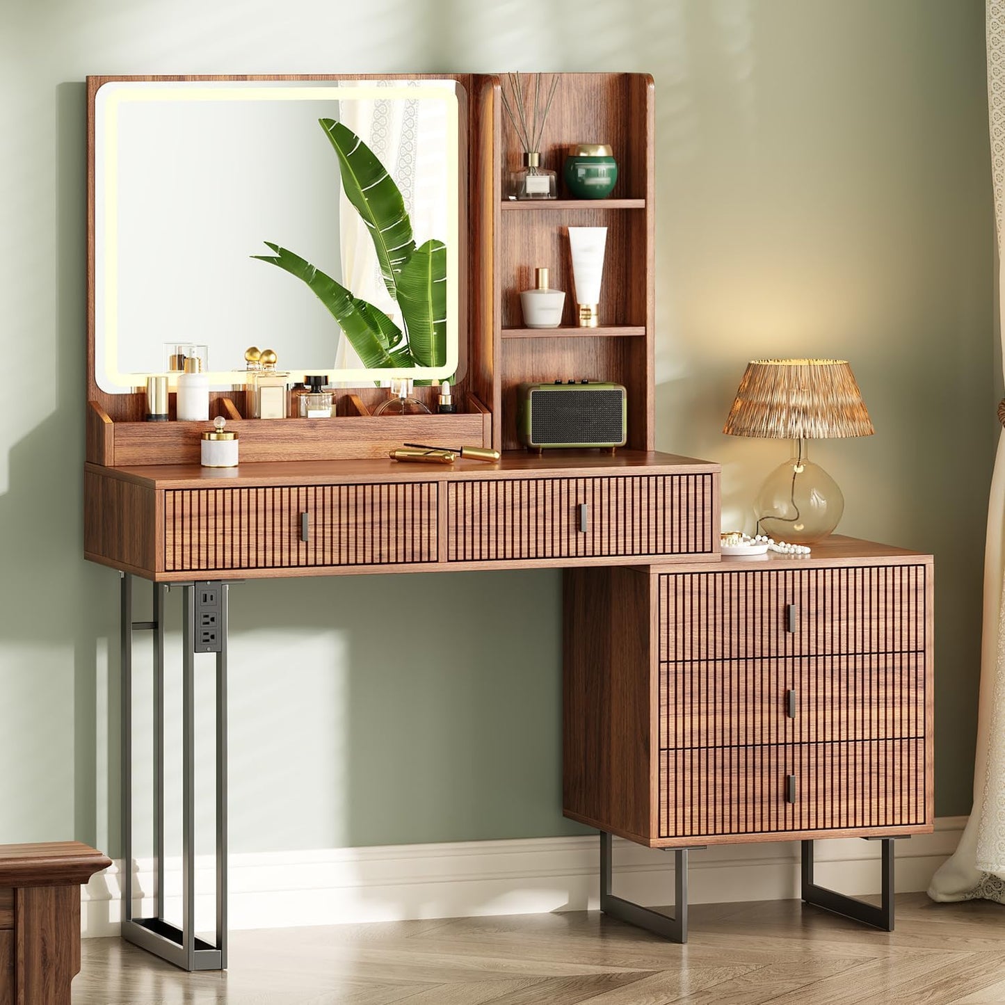 Large Vanity Desk with 3 Color Touch Screen Dimming Mirror, Vanity Desk with Charging Station, Modern Retractable Makeup Dressing Table, Makeup Table With storage shelves and 5 Sliding Drawers, Brown