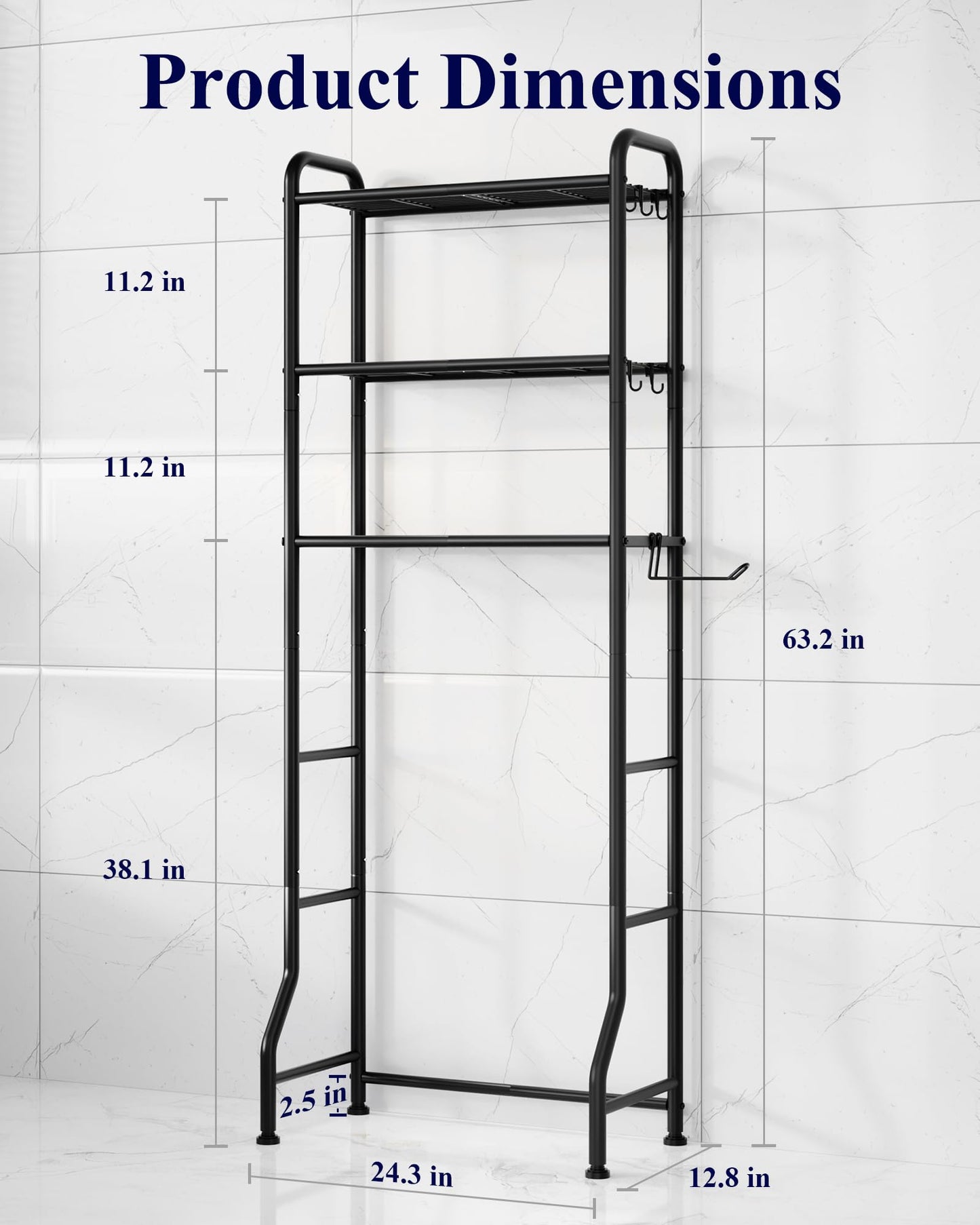 Kitsure Over Toilet Storage Rack - Metal Over Toilet Bathroom Organizer Shelf, Over the Toilet Storage Cabinet with Paper Holder and Hooks, Bathroom Cabinet for Laundry, Black, 3 Tiers (63.2" H)