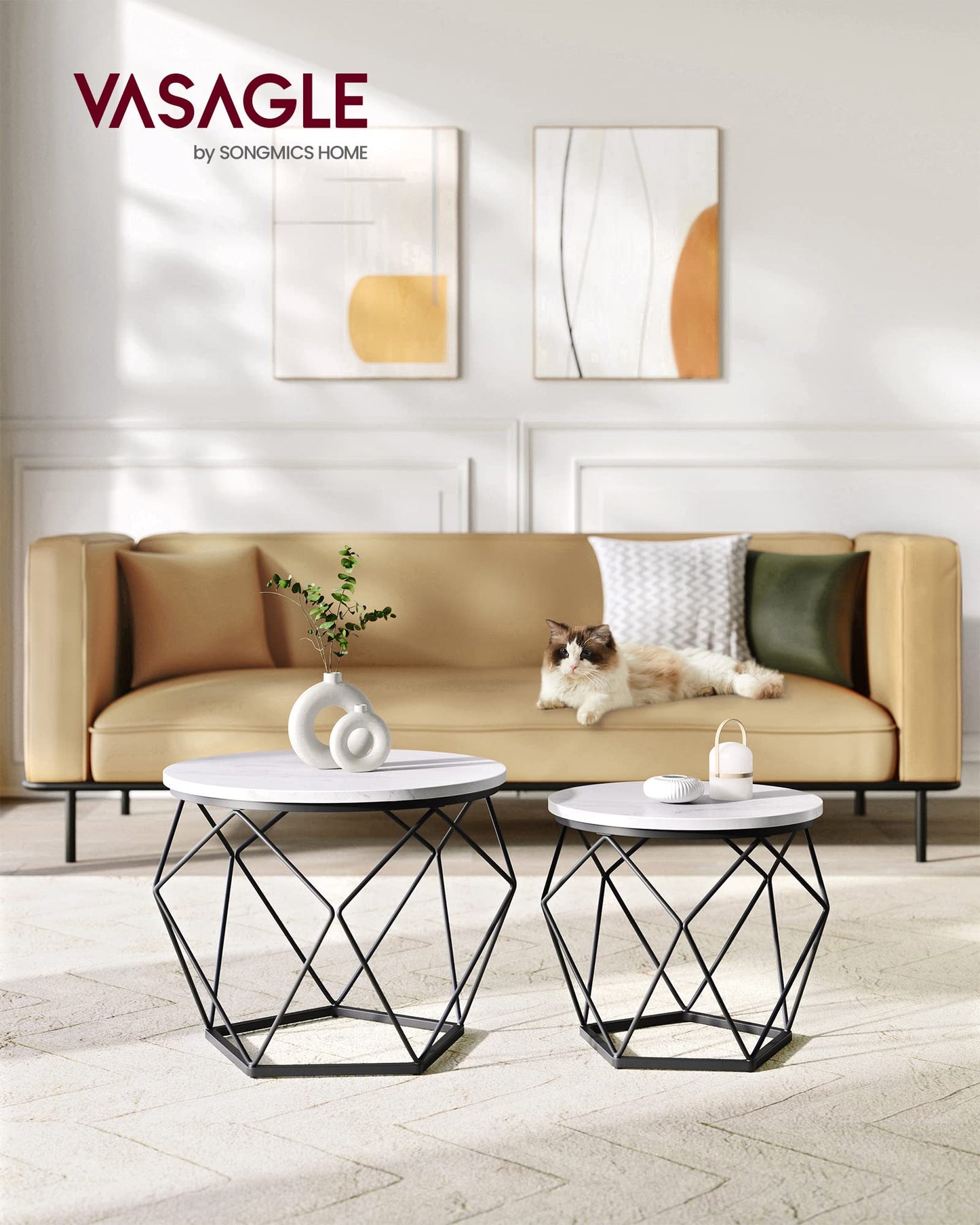 VASAGLE Small Coffee Table Set of 2, Round Coffee Table with Steel Frame, Side End Table for Living Room, Bedroom, Office, Marble White and Ink Black