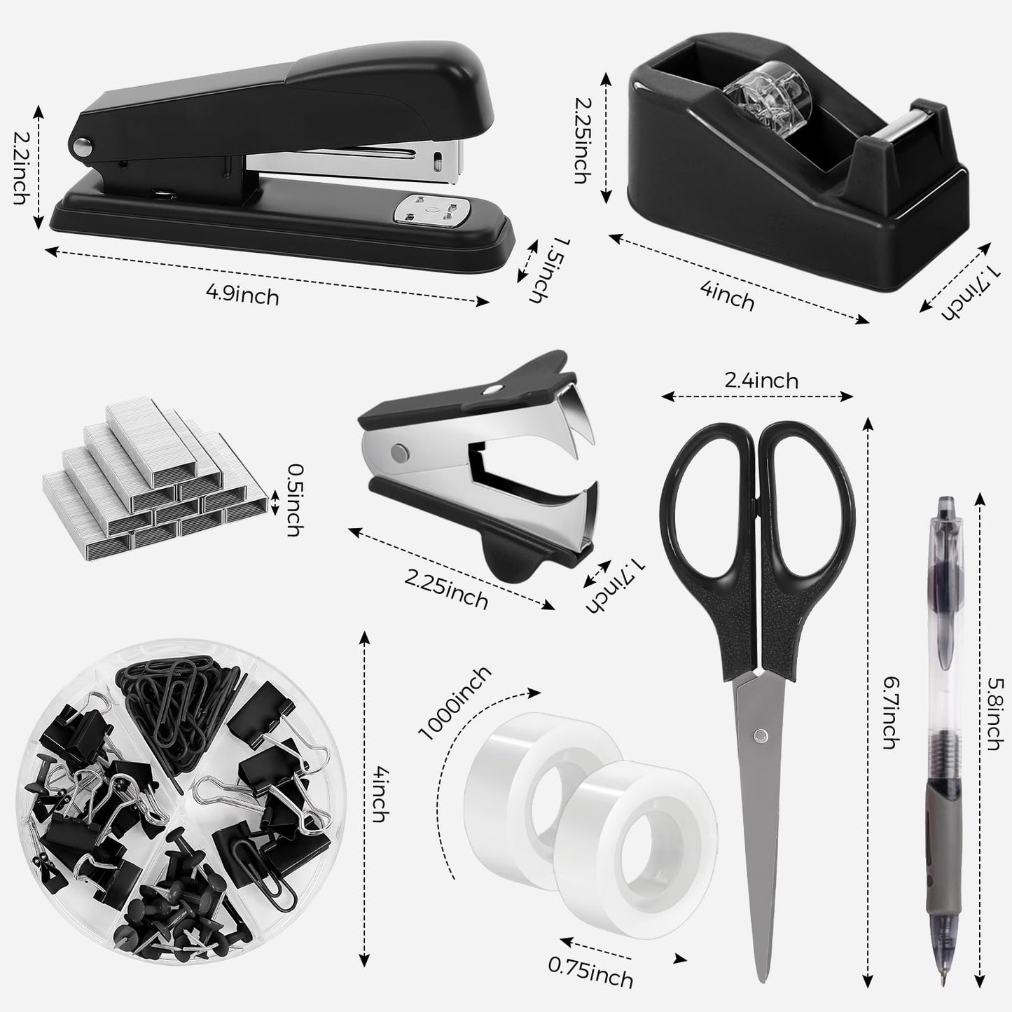 SKYDUE Black Office Supplies Set, Black Desk Accessories, Stapler, Tape Dispenser, Scissors, Binder/Paper Clips and 1000pcs Staples, Desk Supplies Set