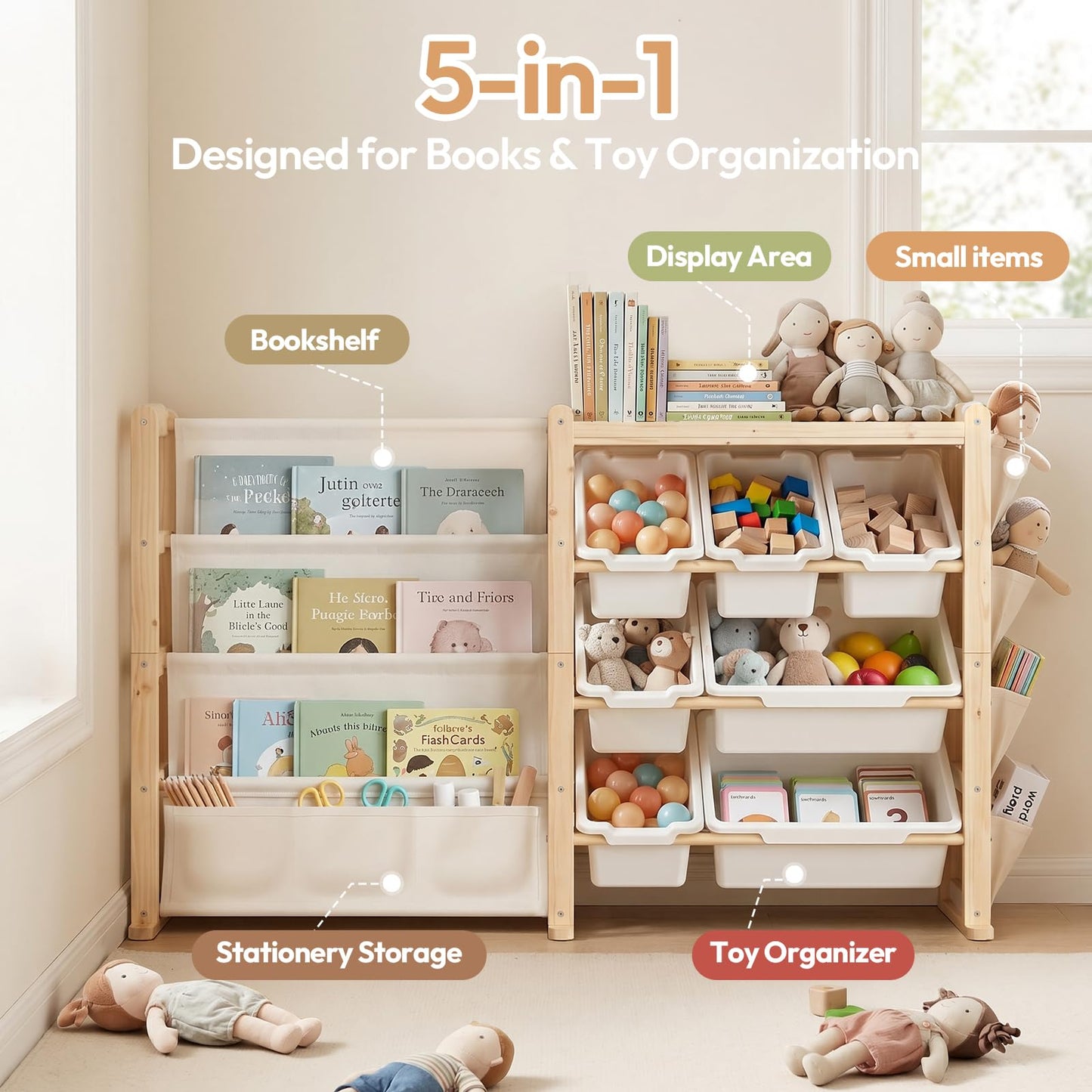 Fodoss Book Shelf for Kids Rooms - Toy Storage Organizer with Bookshelf, Solid Wood Kids Bookshelf with 7 Bins, Side Storage Pockets, Large Toy Organization for Nursery, Natural Pine