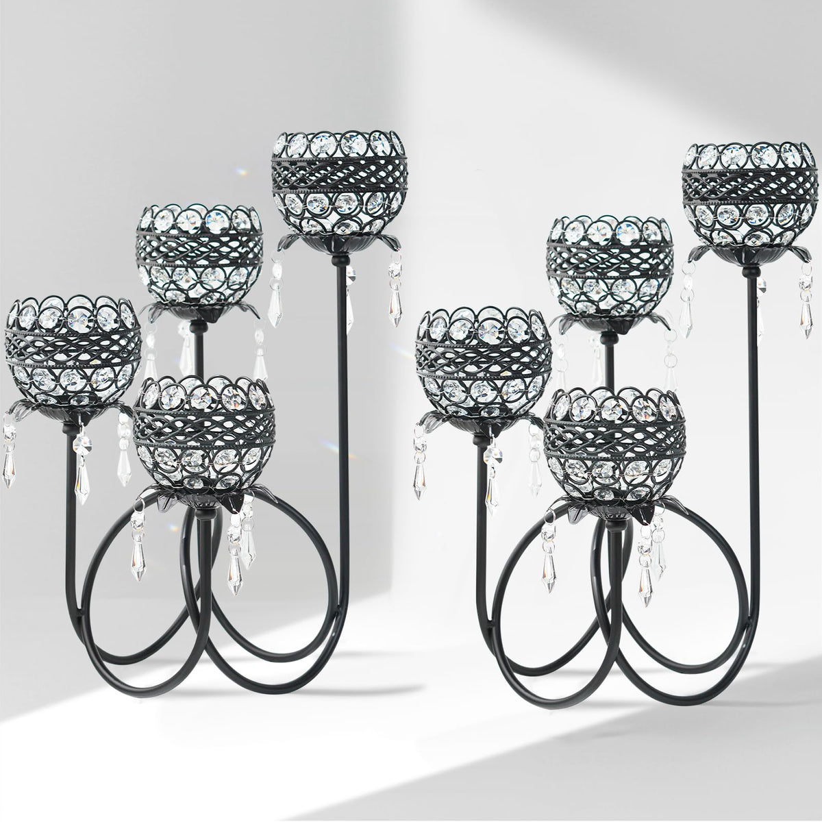 4 Arms Crystal Candelabra Tealight Holder - Tall 15.7 Inch Elegant Centerpiece with Crystal Pendant Bowls & Artistic Metal Stand for Wedding, Dining Table, Home Decor (2, Black)