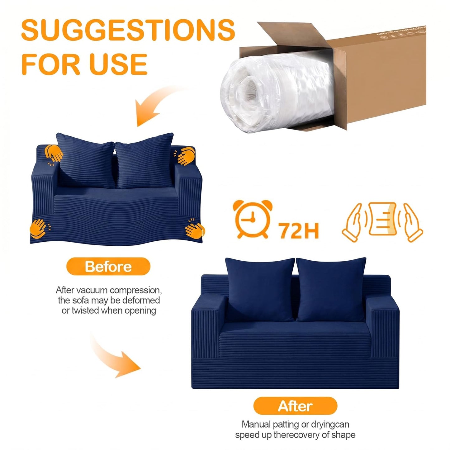 Erament Boneless Loveseat Convertible Sofa Bed, Folding Floor Futon Sleeper Sofa Couch Bed- Boneless Foldable Couch, Corduroy Pull Out Sofa Bed with 2 Pillows for Living Room & Bedroom