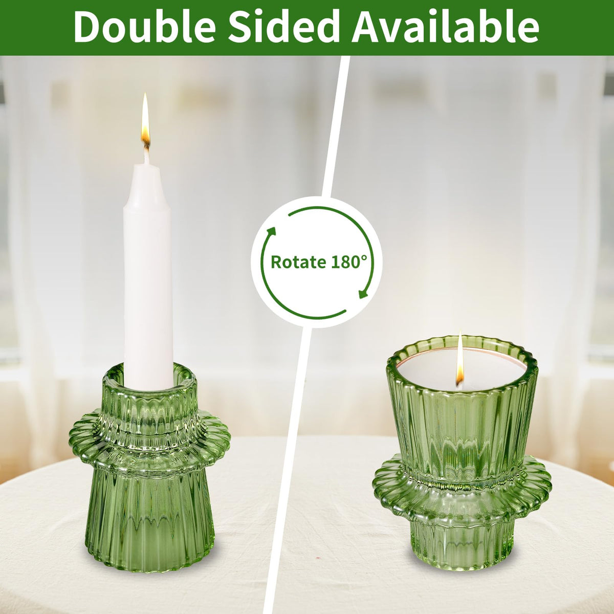 Green Taper Glass Candlestick Holders Set of 6, Tea Lights Candle Holder, Votive Candle Stick Holder for Party Wedding Dining