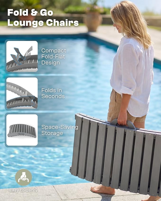 Folding HDPE Pool Lounge Chairs Set of 6, Pre-Assembled Outdoor Chaise Lounge