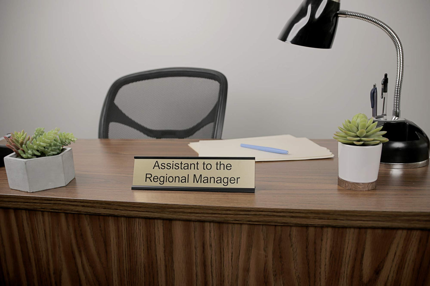ExcelMark Assistant to the Regional Manager Desk Plate – 2"x 8"Novelty Name Plate – Gold Name Plate with Black Desk Holder