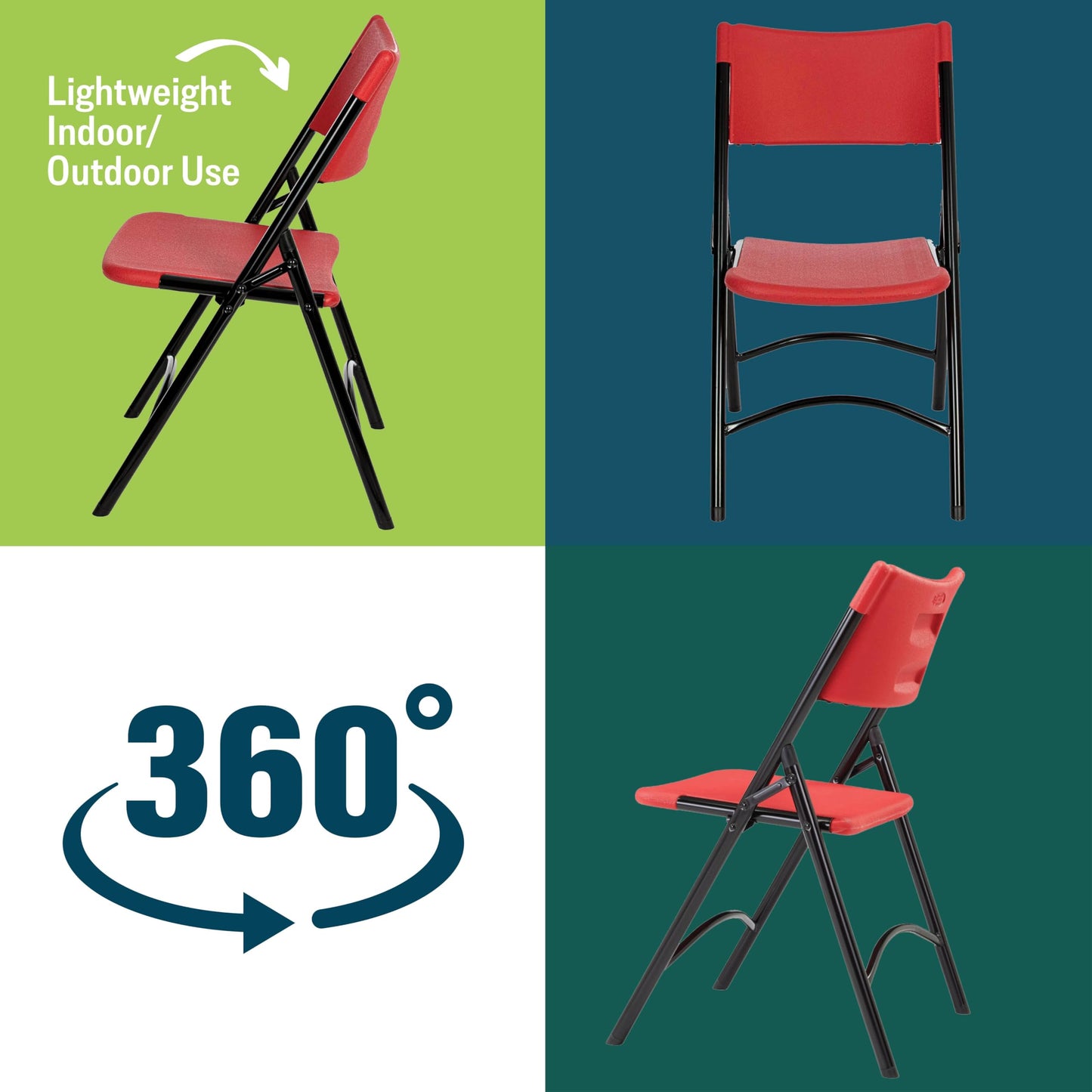 Plastic Portable Folding Chairs by National Public Seating – 600 Series Premium Lightweight Foldable Chairs for Indoor & Outdoor, Set of 4 – Comfortable, Durable, Institutional-Grade, Red