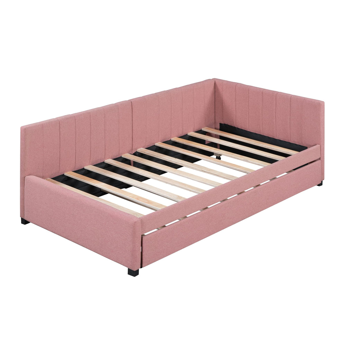 Brisca Upholstered Linen Daybed with Trundle,Twin Size Sofa Bed Frame W/Wooden Slats,for Bedroom,Apartment,Studio,Pink