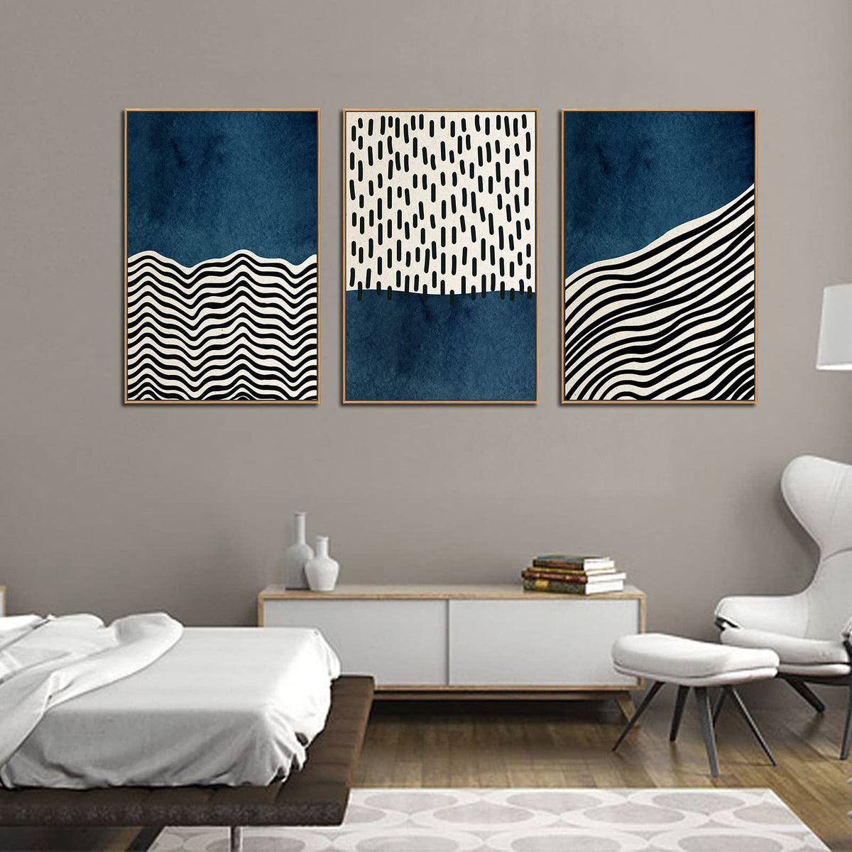 Framed Wall Art Canvas Set Mid Century Boho Picture Modern Abstract Geometric Lines Wall Decor Minimalist Black Indigo Canvas Painting Artwork Living Room Bedroom Home Office 24"x36"x3 Natural