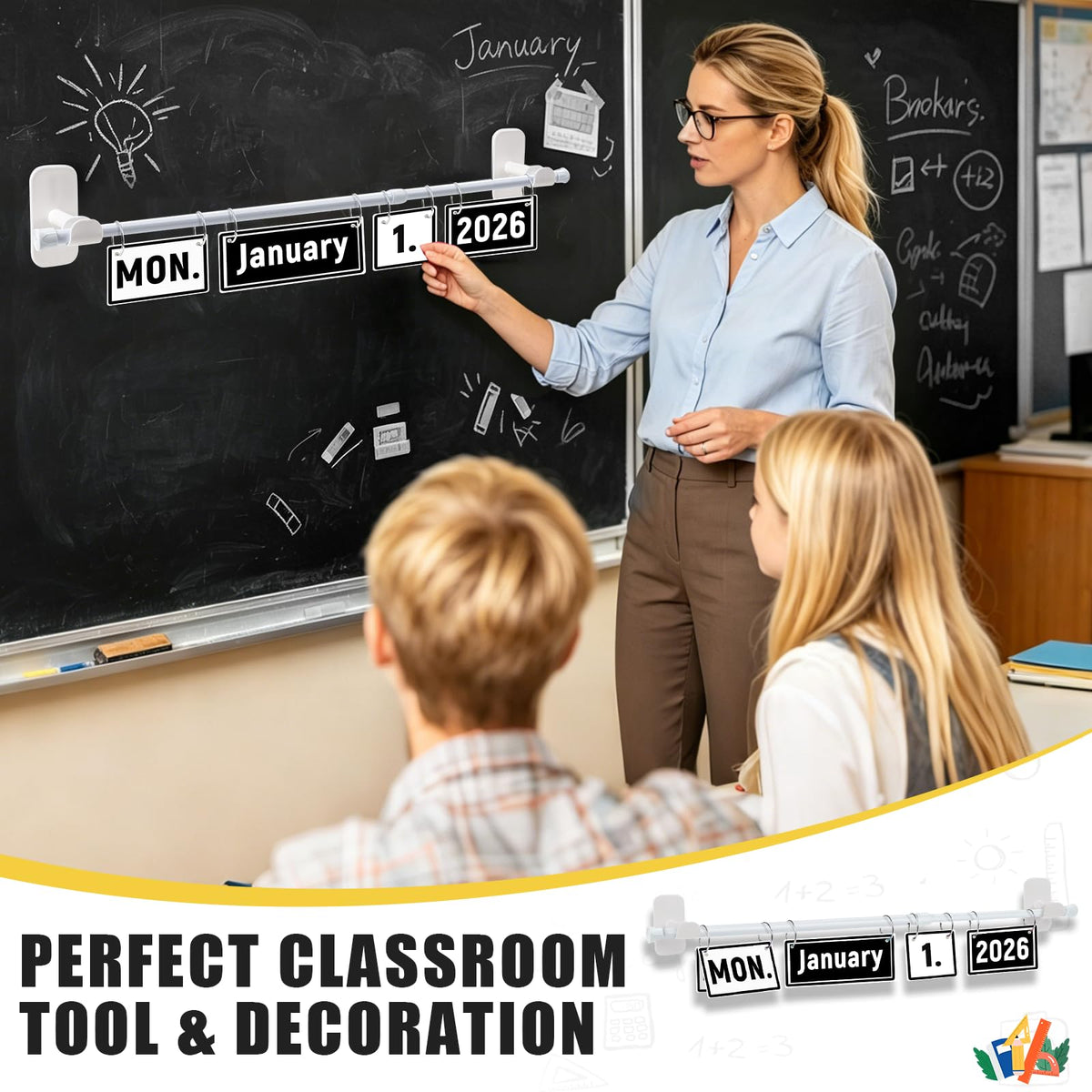 Upgraded 2-in-1 Flip Calendar for Classroom with Magnetic & Adhesive Fixing, Adjustable Magnetic Rod Flip Calendar for Whiteboard, Black and White Classroom Decor Bulletin Board Set (Black and White)