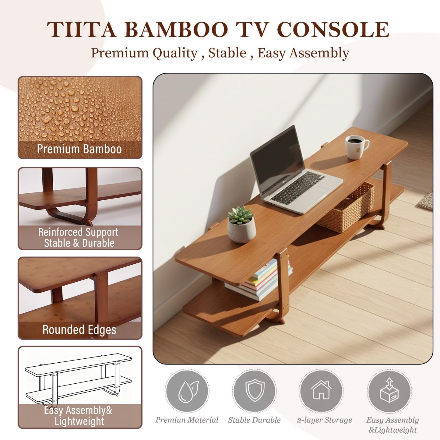 Tiita TV Stand with Storage for TVs up to 65'', Bamboo TV Console Entertainment Center with 2 Open Shelf, Mid Century Modern Media Console for Living Room, Bedroom, Walnut