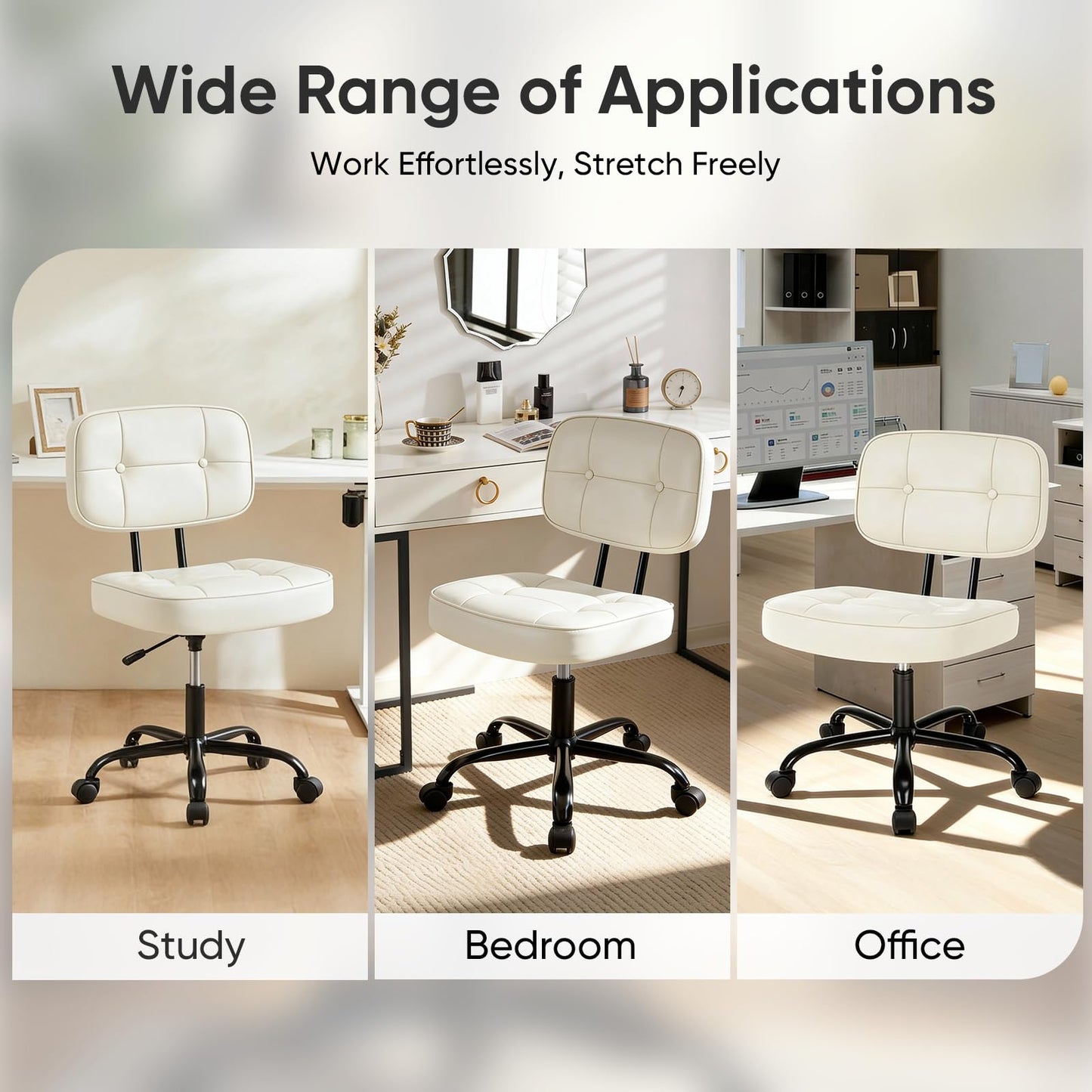 DUMOS Home Office Desk Chair - Ergonomic Armless PU Leather Computer Rolling Task Chair，with Comfy Lumbar Support and Height Adjustable, Vanity, Bedroom, Living Room, Beige