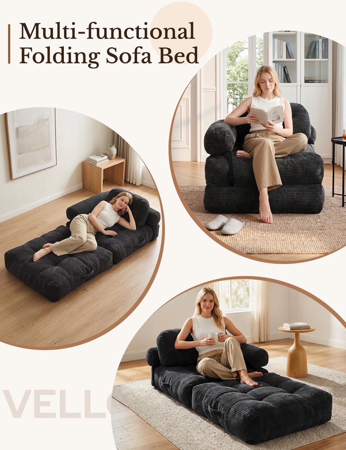 Vellorise Folding Sofa Bed, L-Shaped Couch Back Support and Arm Pillow Futon, Convertible Sofa Bed for Living Room/Guest Use/Home Office, Boneless Foldable Couch for Adults, Black