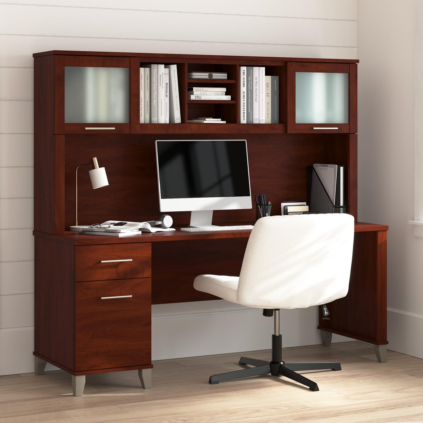 Bush Home 72-Inch Office Desk with Drawers and Hutch, Computer Desk with File and Box Drawers, Shelves and Storage Cabinet, Home Office Workstation, Somerset Collection, Hansen Cherry