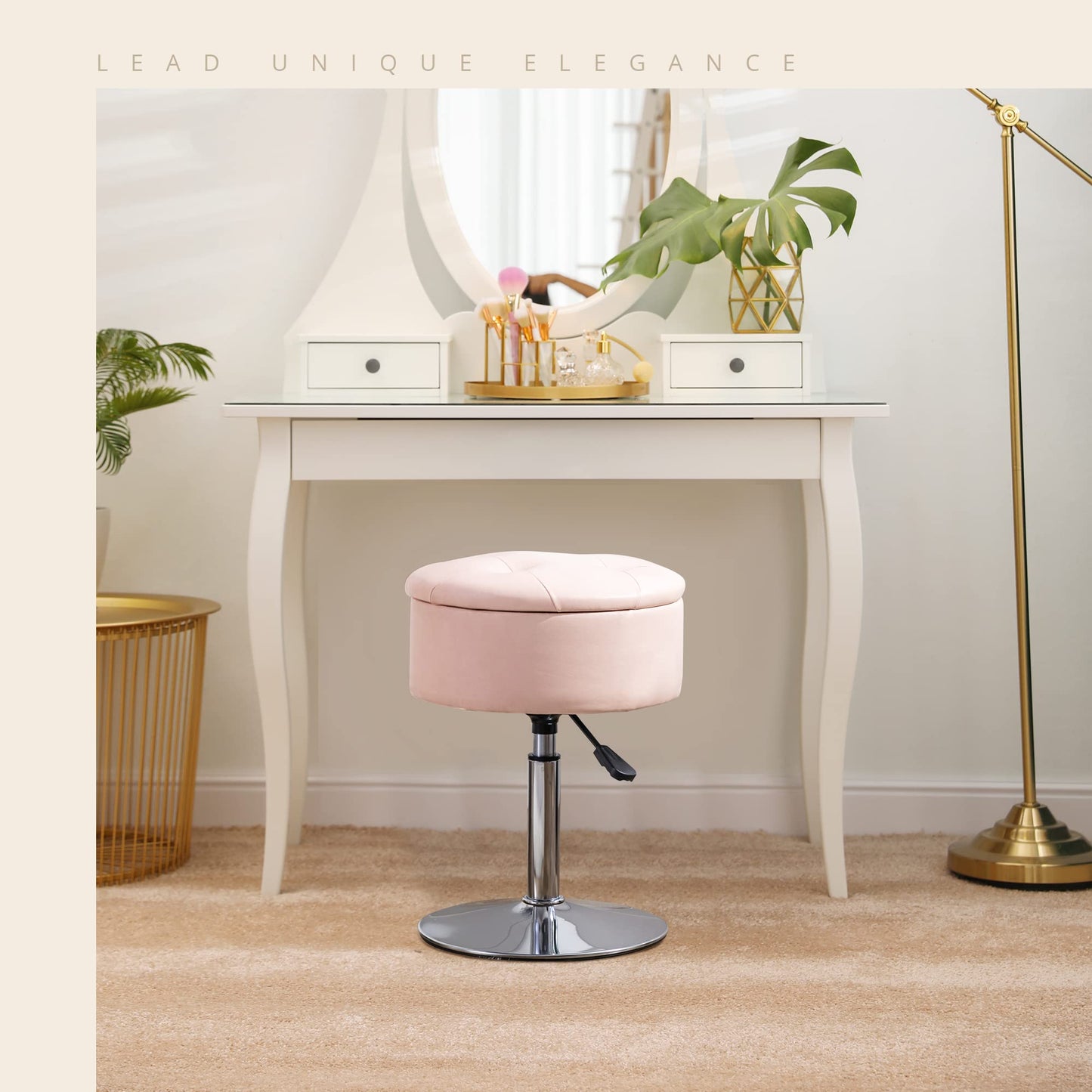 LUE BONA 360°Swivel Vanity Stool Chair for Makeup Room, Height Adjustable Stool for Vanity with Storage, Small Pink Faux Leather for Bathroom, Living Room